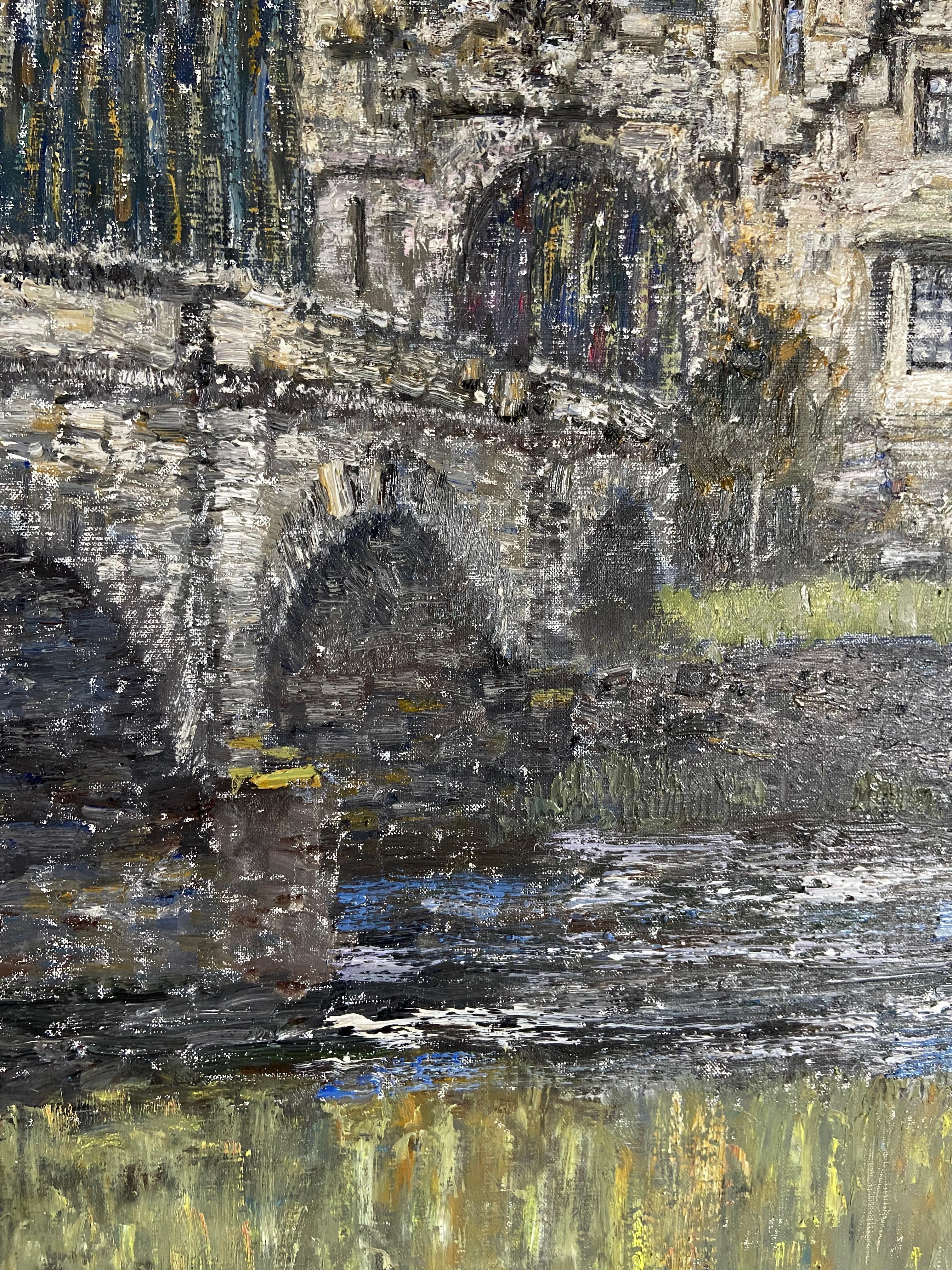 Puente de Mauldslie - Landscape Painting Gris de Roman Konstantinov