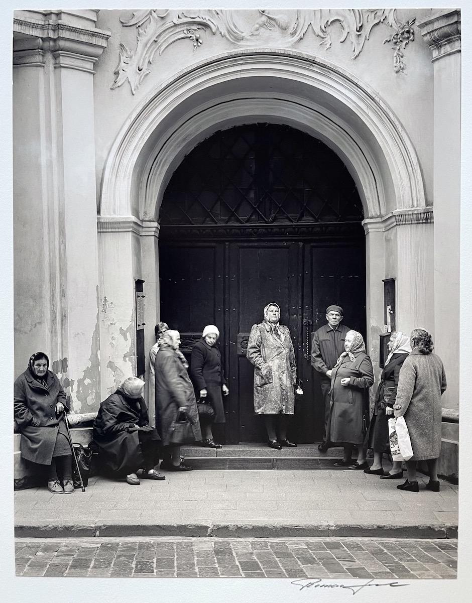 Roman Loranc Black and White Photograph - European Women Outside Franciscan Church Lithuania Unique Rare