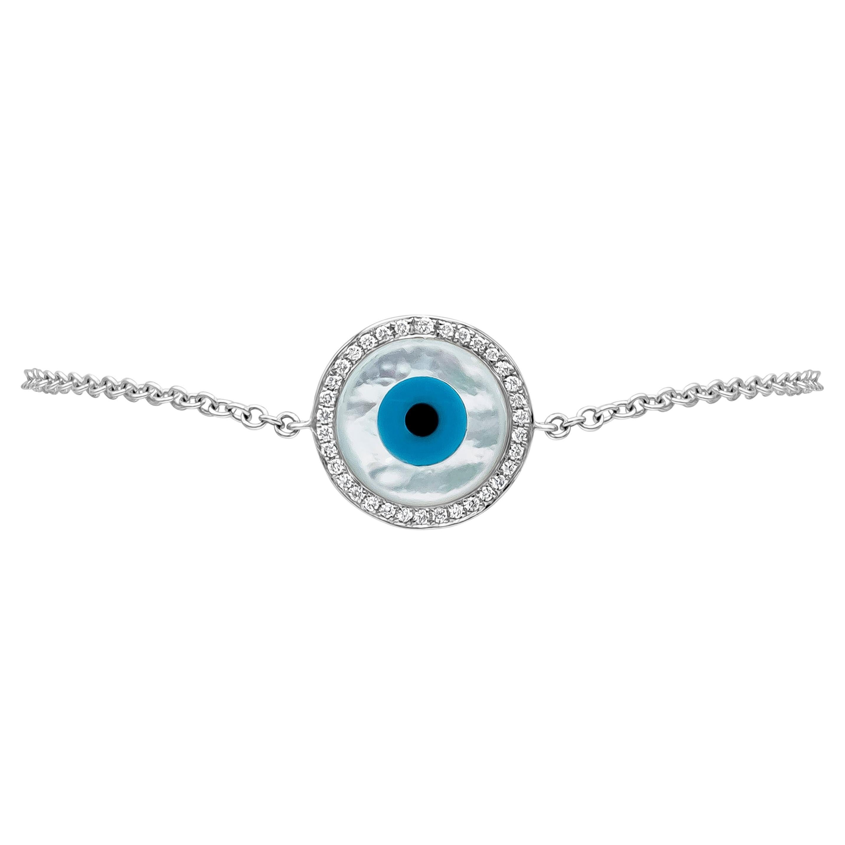 Roman Malakov 0.21 Carat Total Round Diamond Mother of Pearl Evil Eye Bracelet For Sale