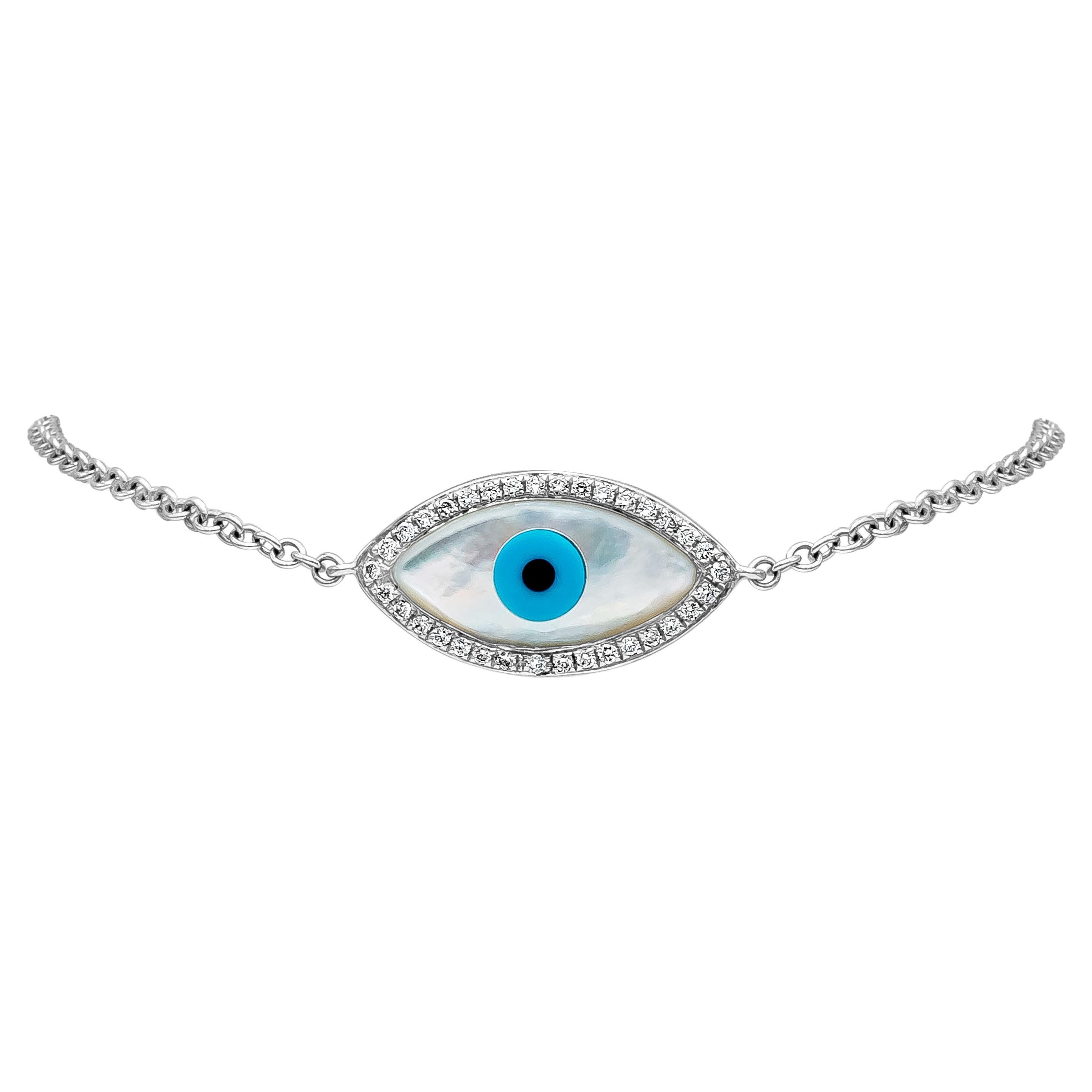 Roman Malakov 0.22 Carat Round Cut Diamond Mother of Pearl Evil Eye Bracelet For Sale