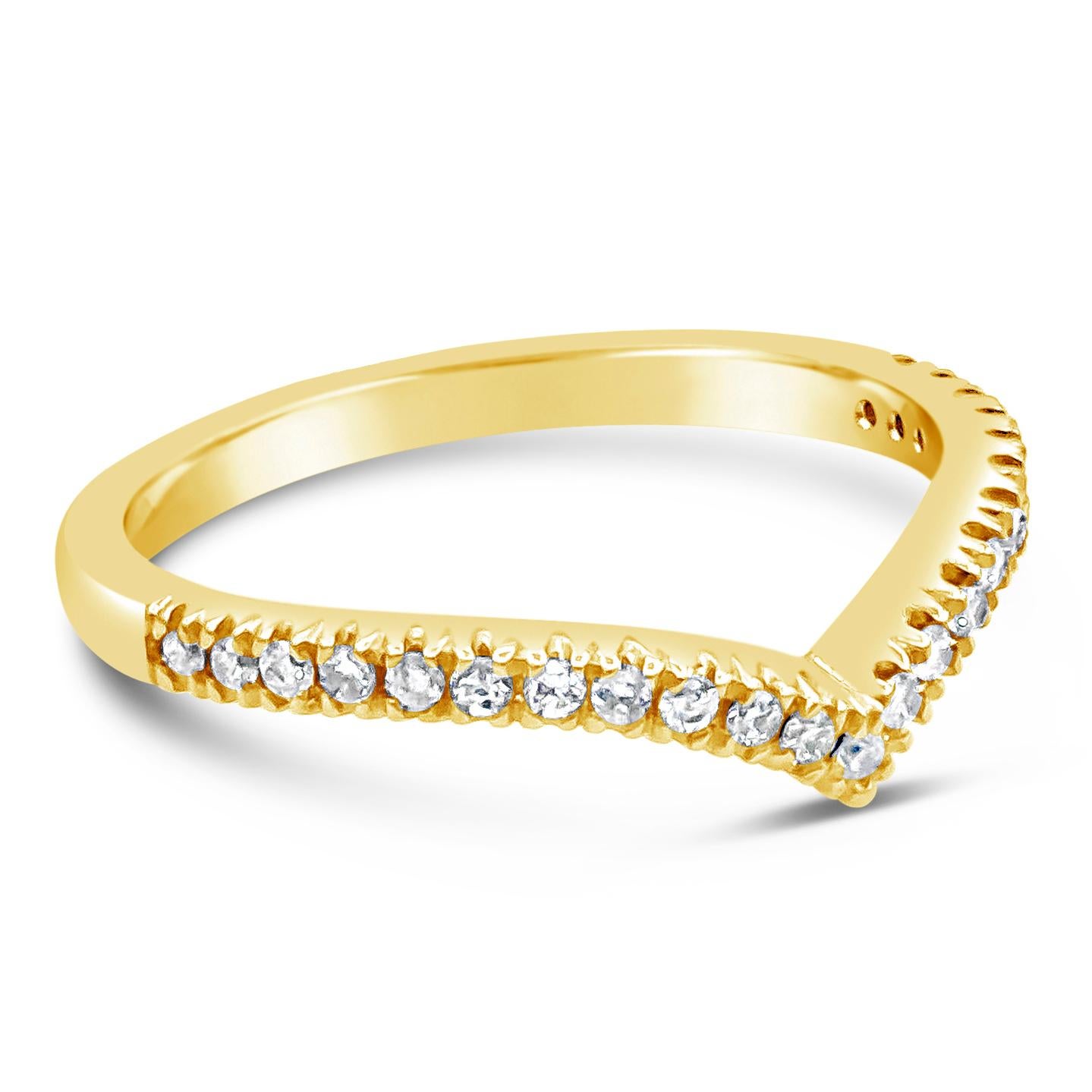 A modern wedding band style that can stack with an engagement ring. Set with 0.22 carats total of round brilliant diamonds along a V-shaped mounting. Made with 18K Yellow Gold Size 6.75 US and resizable upon request.

Roman Malakov is a custom