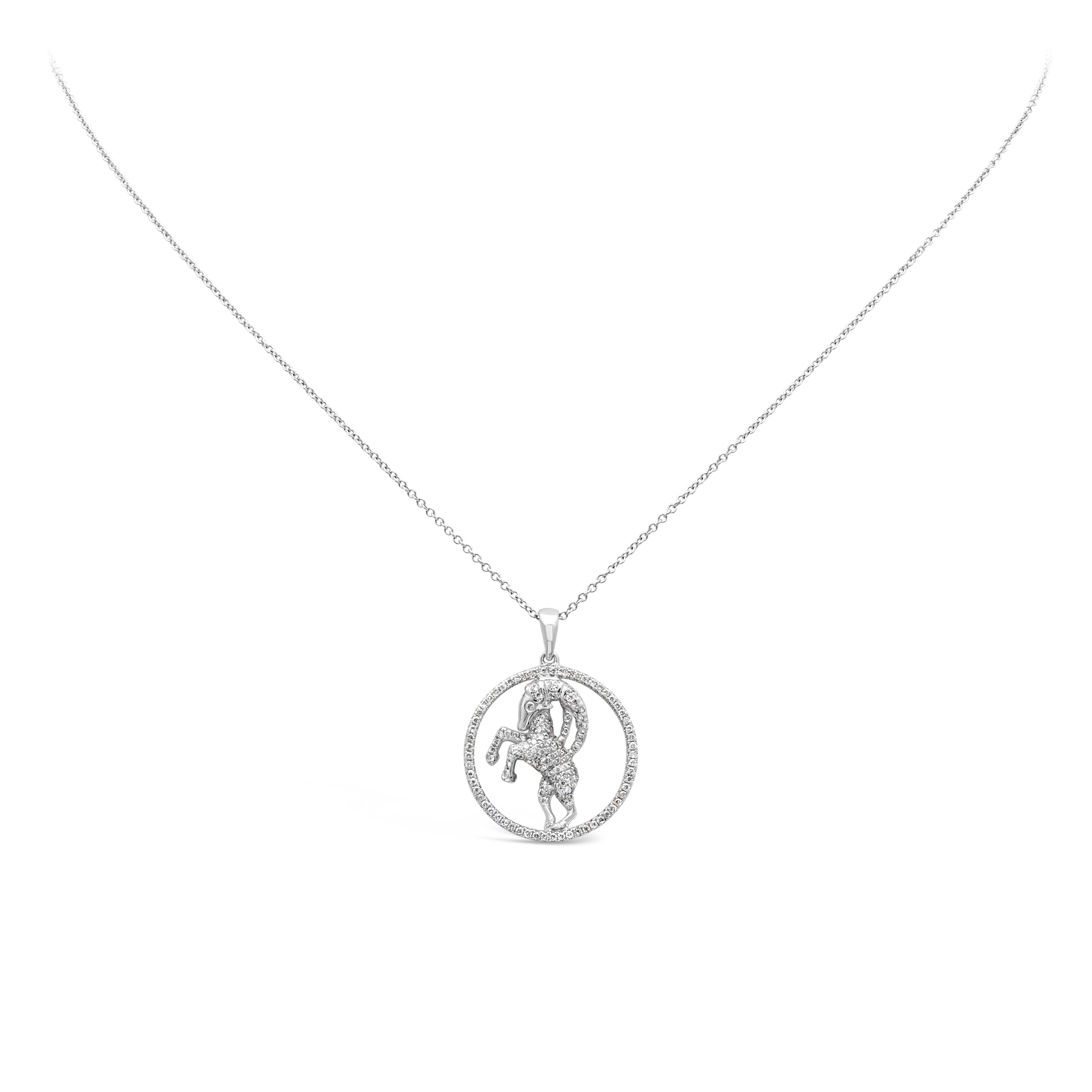 Astrological Zodiac Sign, Stylish open work ram design pendant necklace. The ram is made with 18K white gold clustered with brilliant round diamonds. Circular open work clustered with brilliant round diamonds surrounds the center piece. 160 pieces