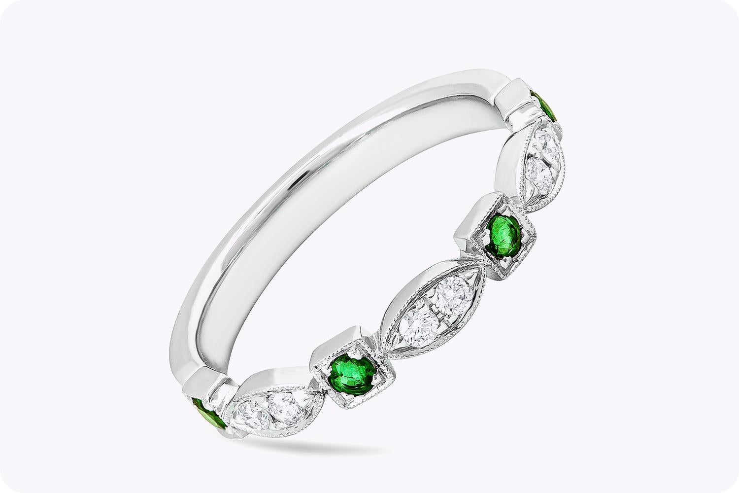 Women's Roman Malakov 0.30 Carat Emerald and Diamond Antique Style Wedding Band Ring For Sale