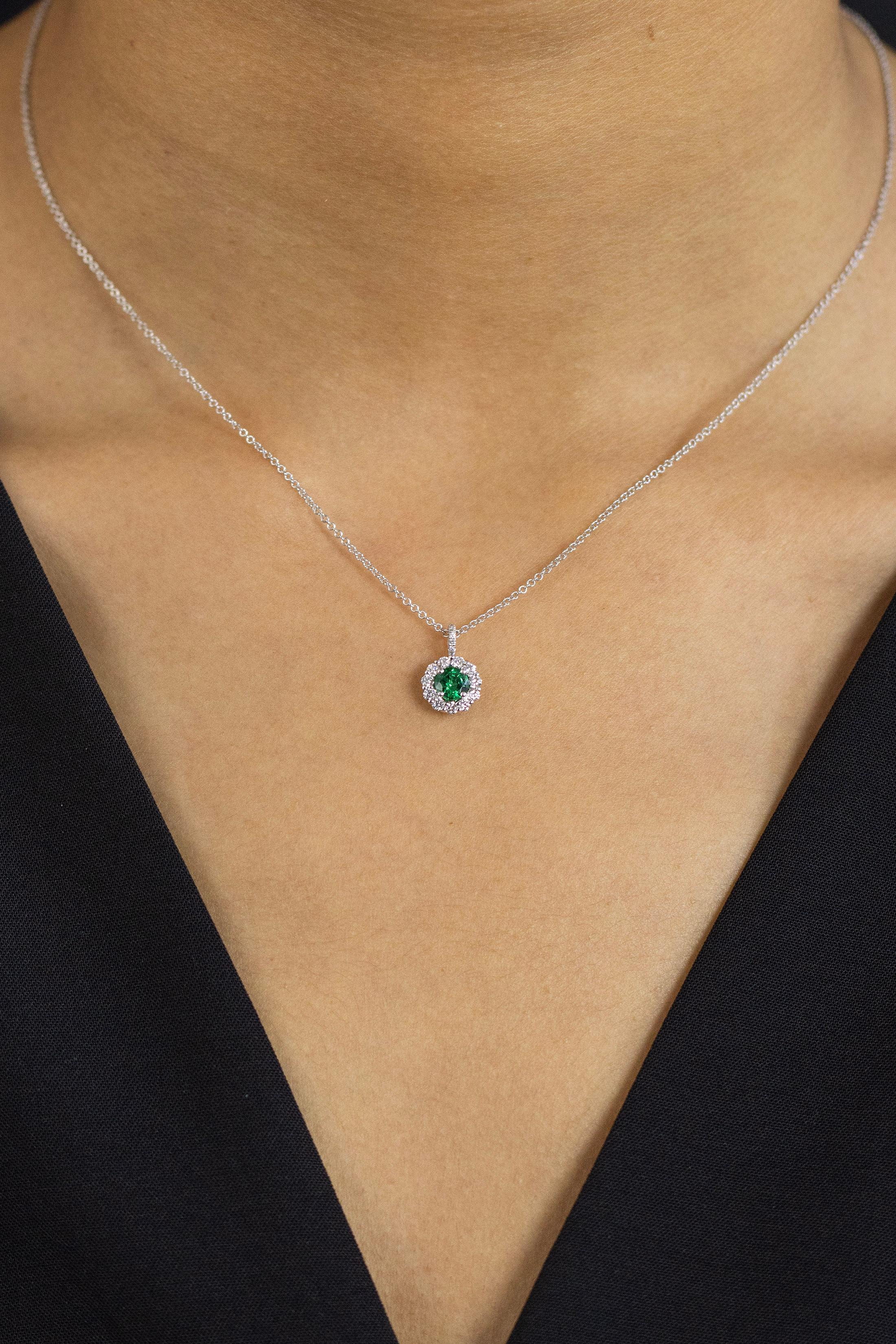 Women's Roman Malakov 0.33 Carats Round Green Emerald with Diamond Halo Pendant Necklace For Sale