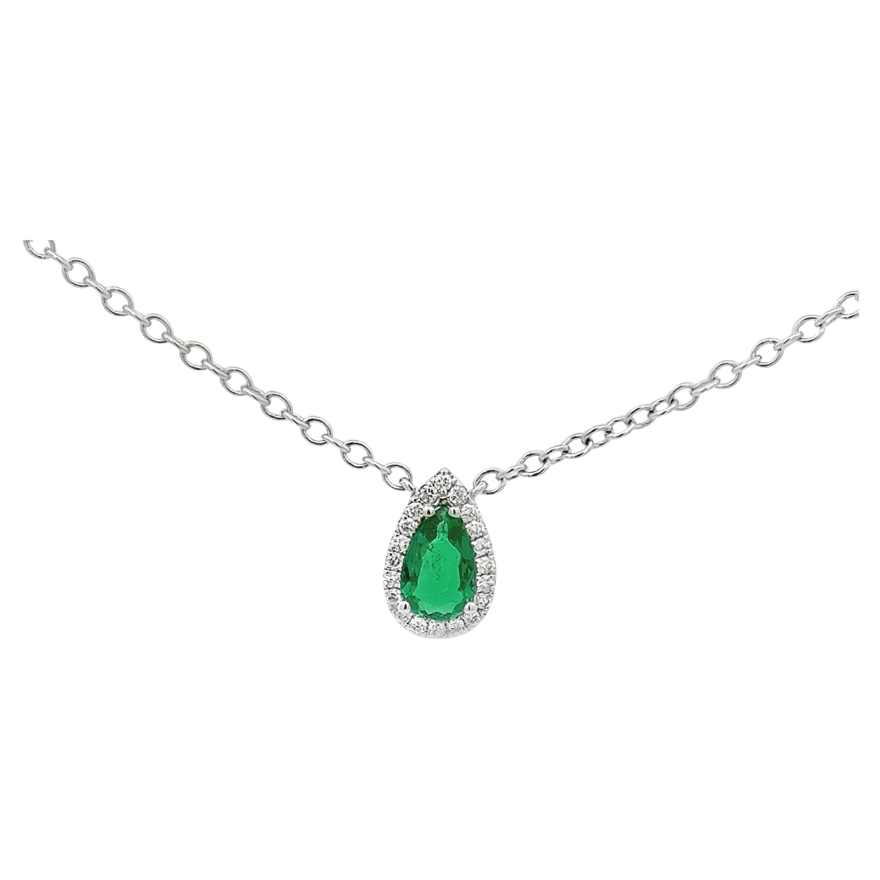 Roman Malakov 0.34 Pear Shape Emerald & Diamond Halo Pendant Necklace