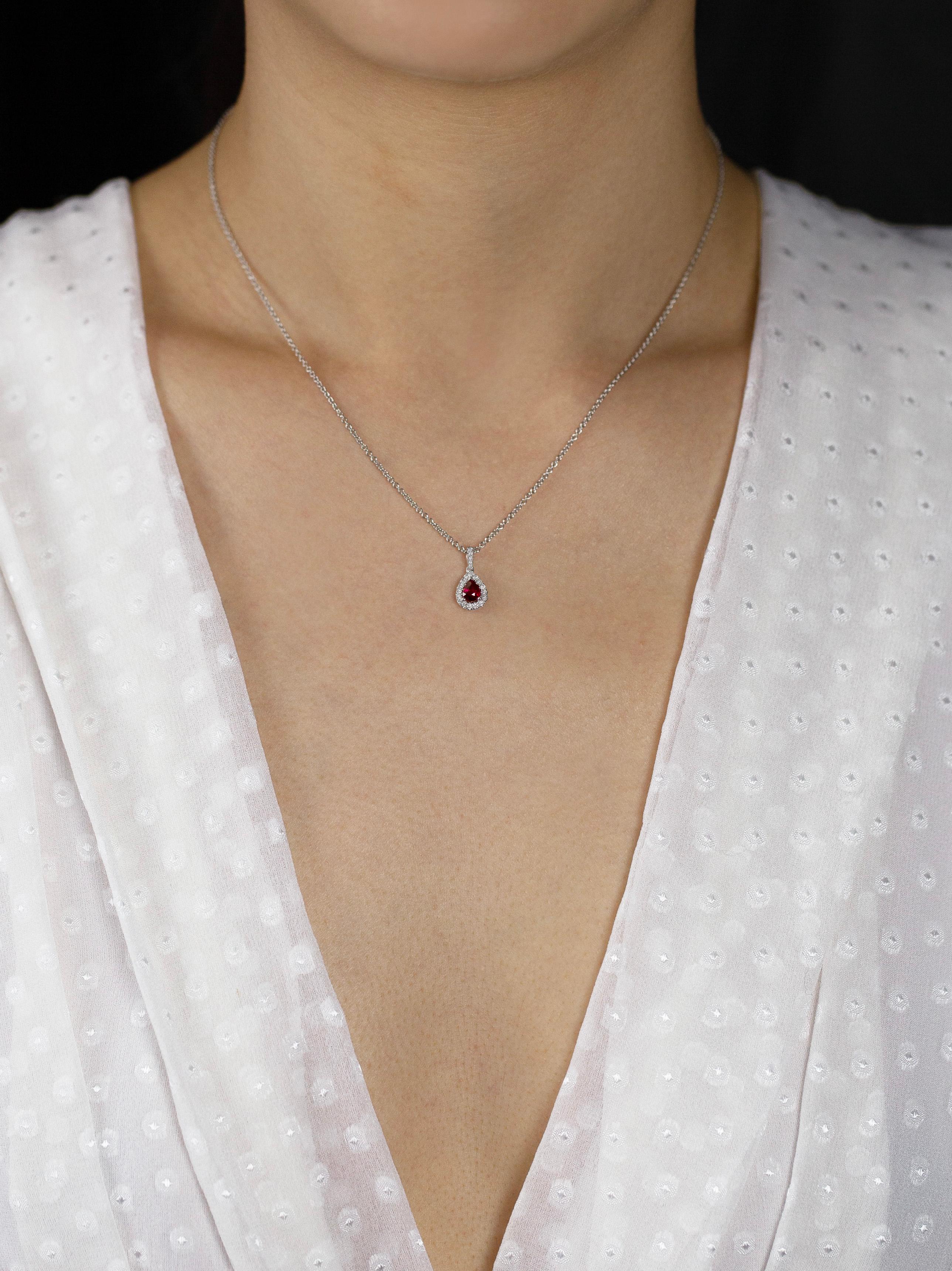 Contemporary Roman Malakov 0.35 Carat Pear Shape Ruby and Diamond Halo Pendant Necklace For Sale
