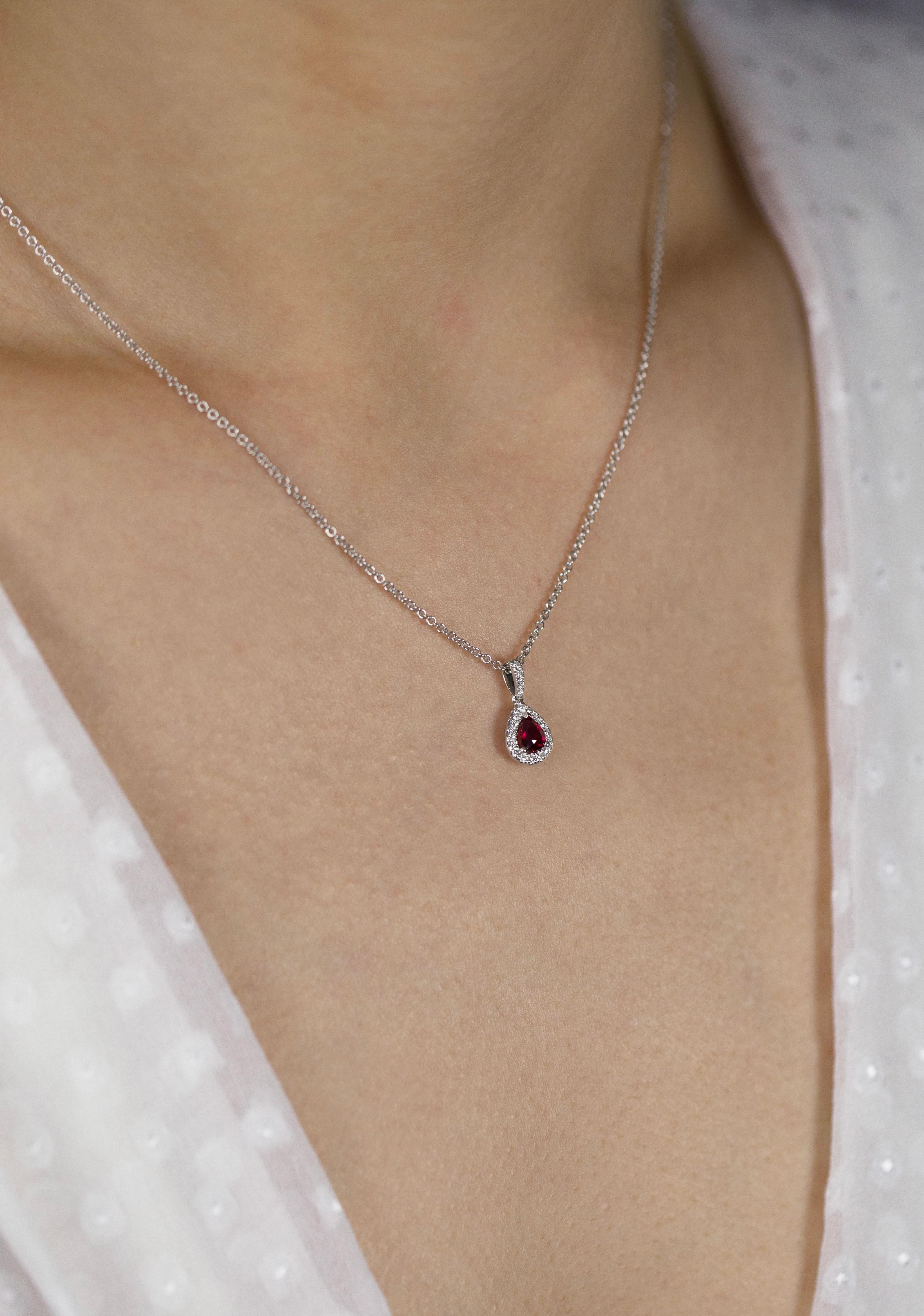 Pear Cut Roman Malakov 0.35 Carat Pear Shape Ruby and Diamond Halo Pendant Necklace For Sale