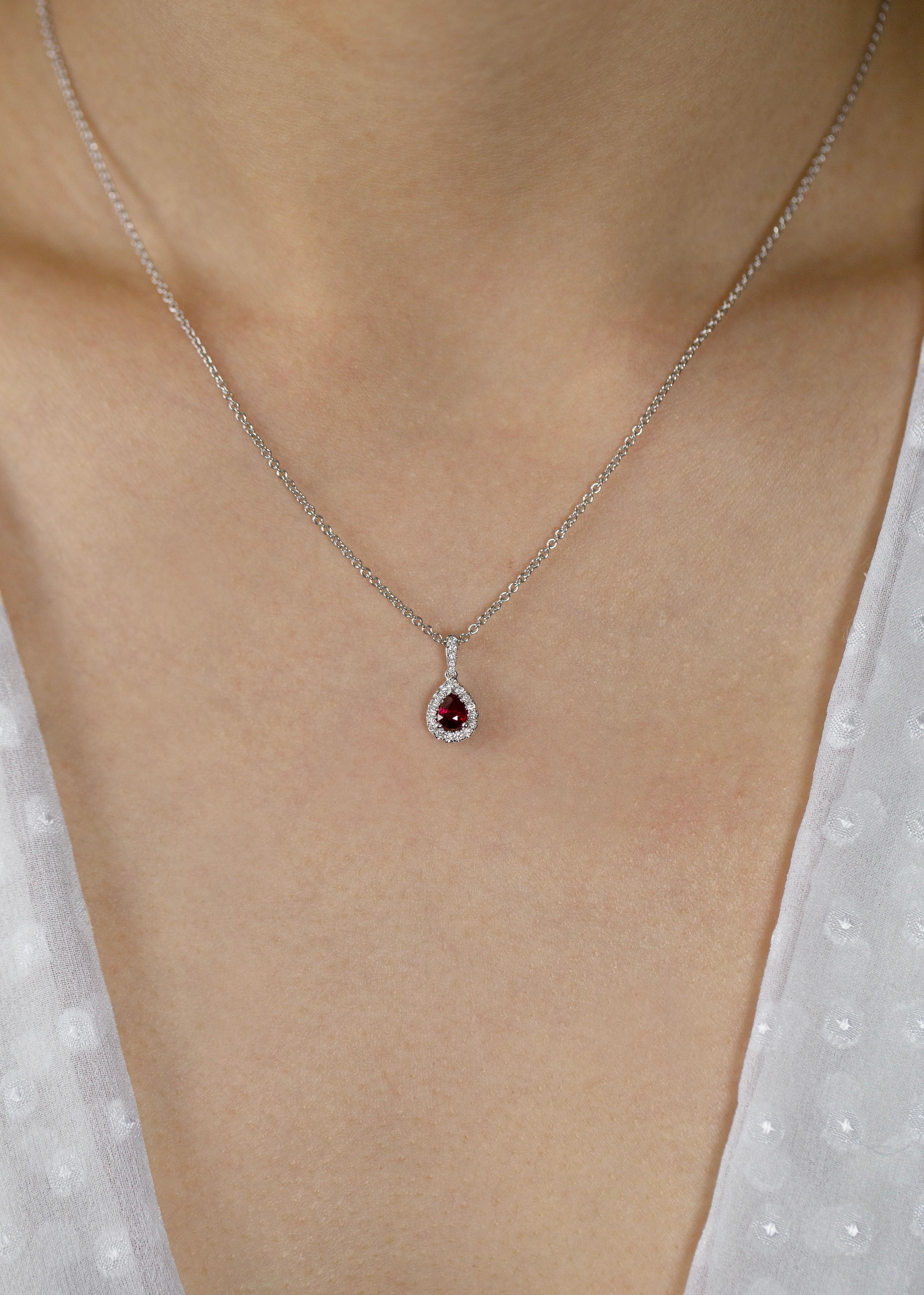 Roman Malakov 0.35 Carat Pear Shape Ruby and Diamond Halo Pendant Necklace In New Condition For Sale In New York, NY