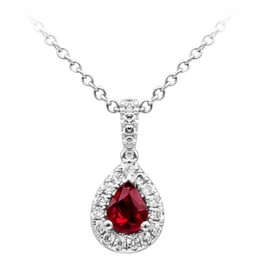 Roman Malakov 0.35 Carat Pear Shape Ruby and Diamond Halo Pendant Necklace For Sale