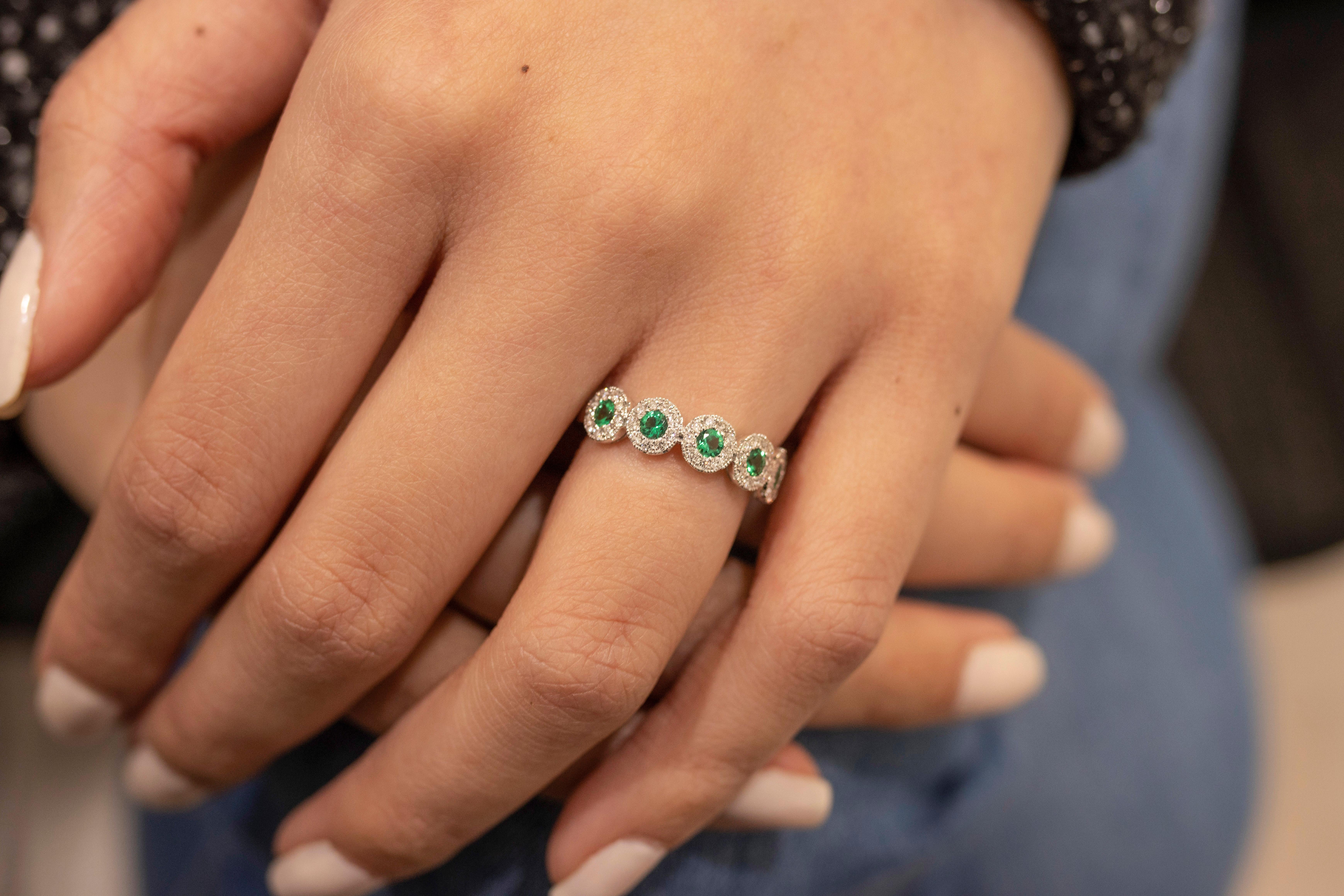 Emerald Cut Roman Malakov, 0.35 Carat Total Green Emerald Five Stone Ring in White Gold For Sale