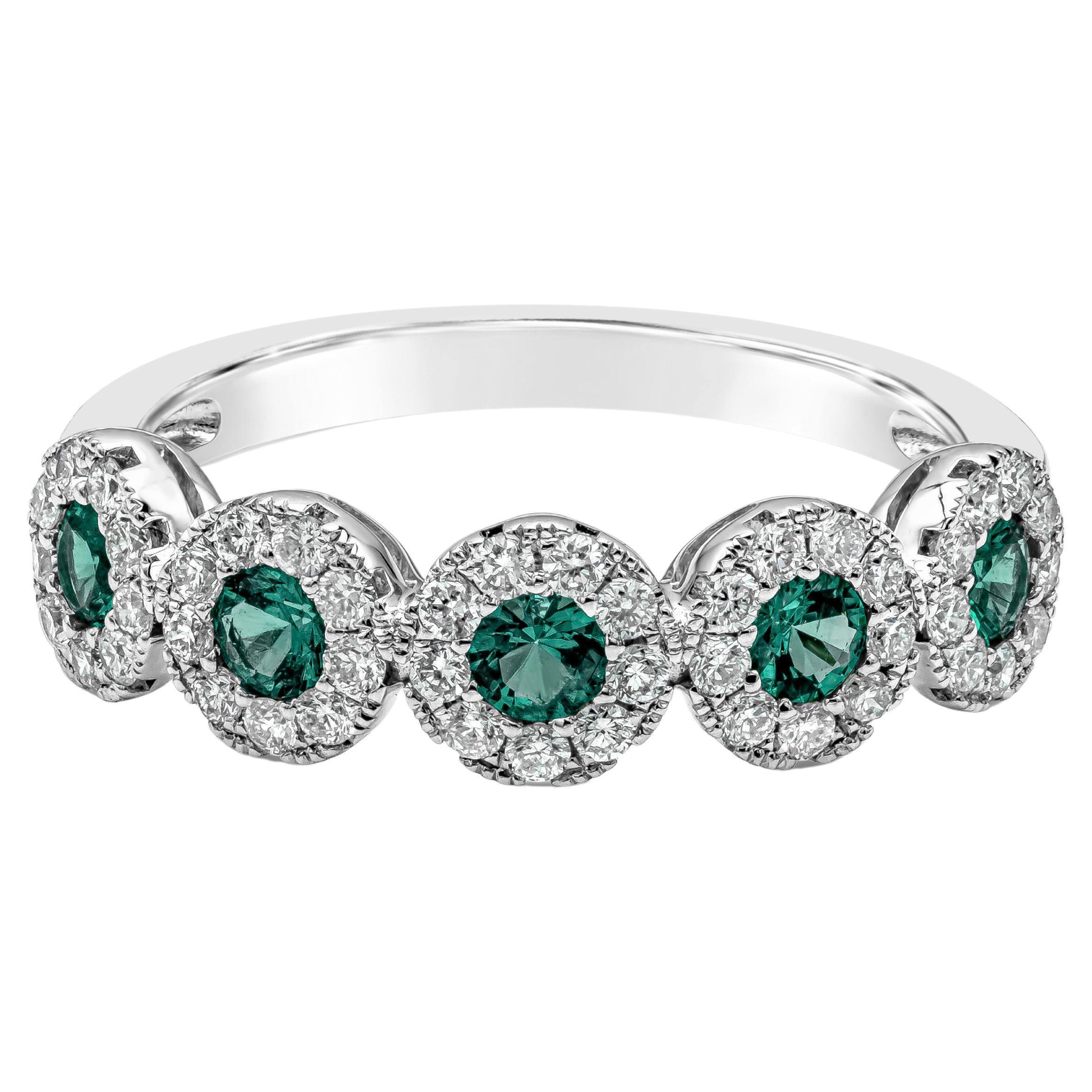 Roman Malakov, 0.35 Carat Total Green Emerald Five Stone Ring in White Gold For Sale