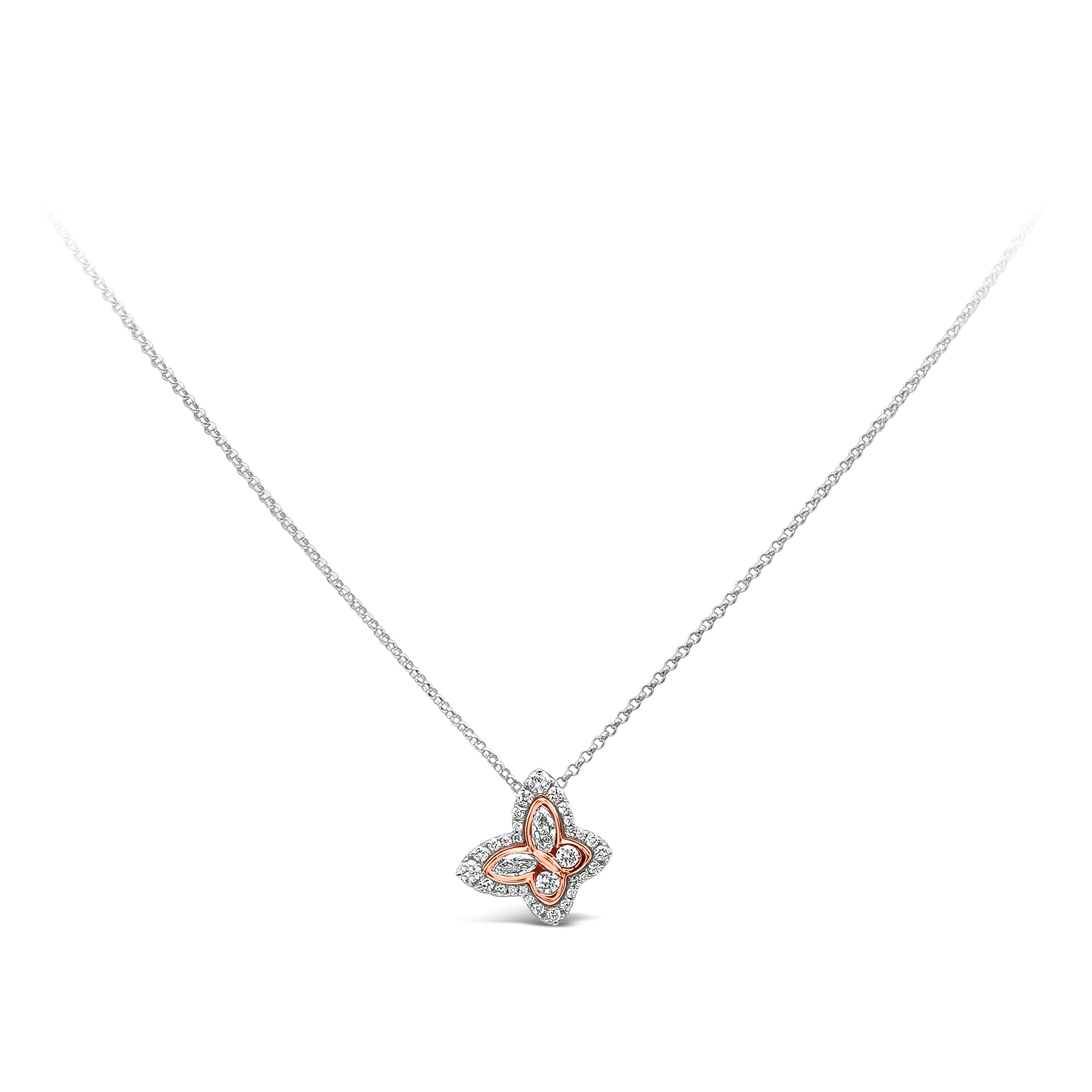 Ce magnifique collier pendentif présente un motif de papillon serti de diamants brillants dans une monture en or rose et en or blanc 18 carats. Les diamants pèsent 0.37 carat au total. Suspendu à une chaîne en or blanc 18 carats.

Roman Malakov est