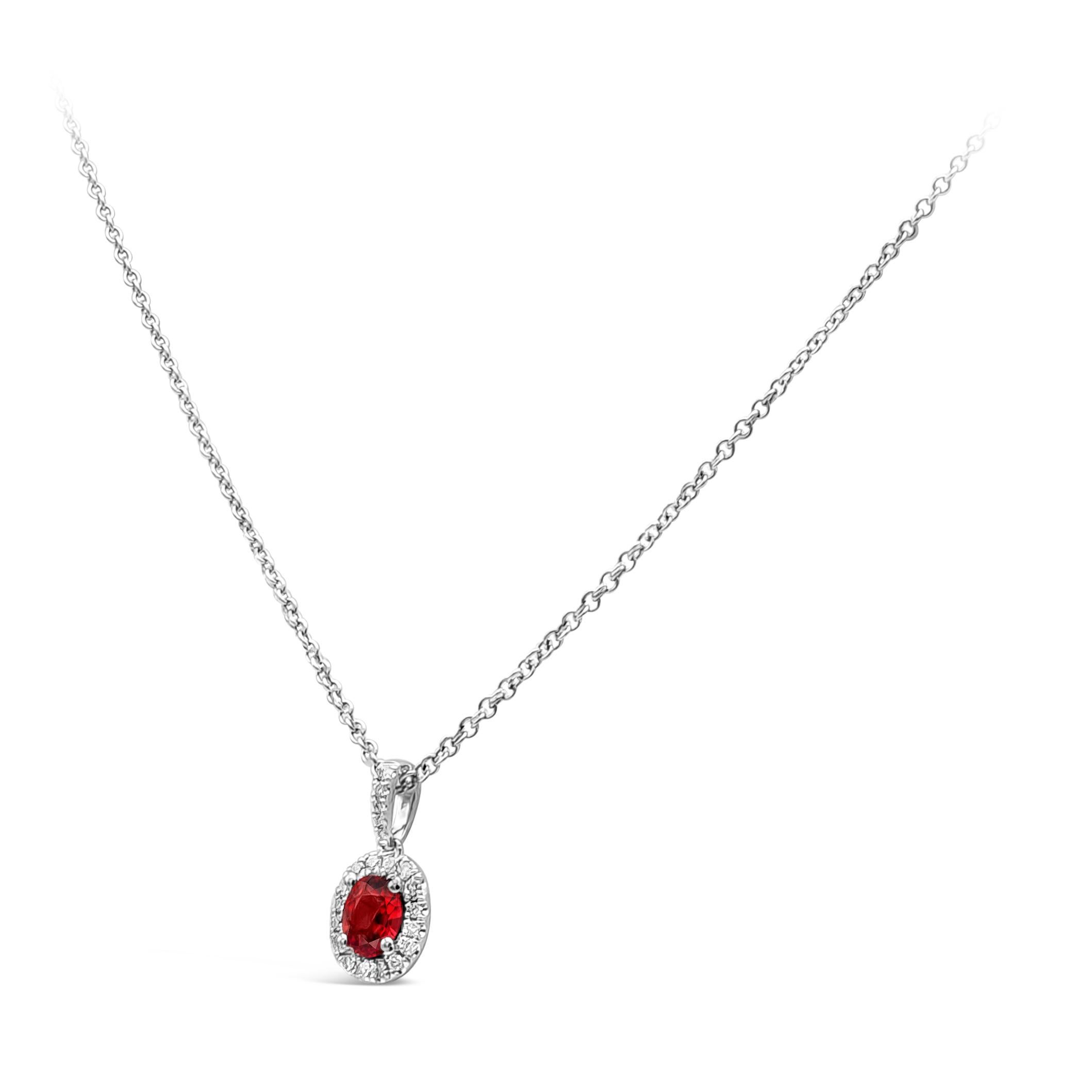 Contemporary Roman Malakov 0.38 Carat Oval Cut Ruby and Diamond Halo Pendant Necklace