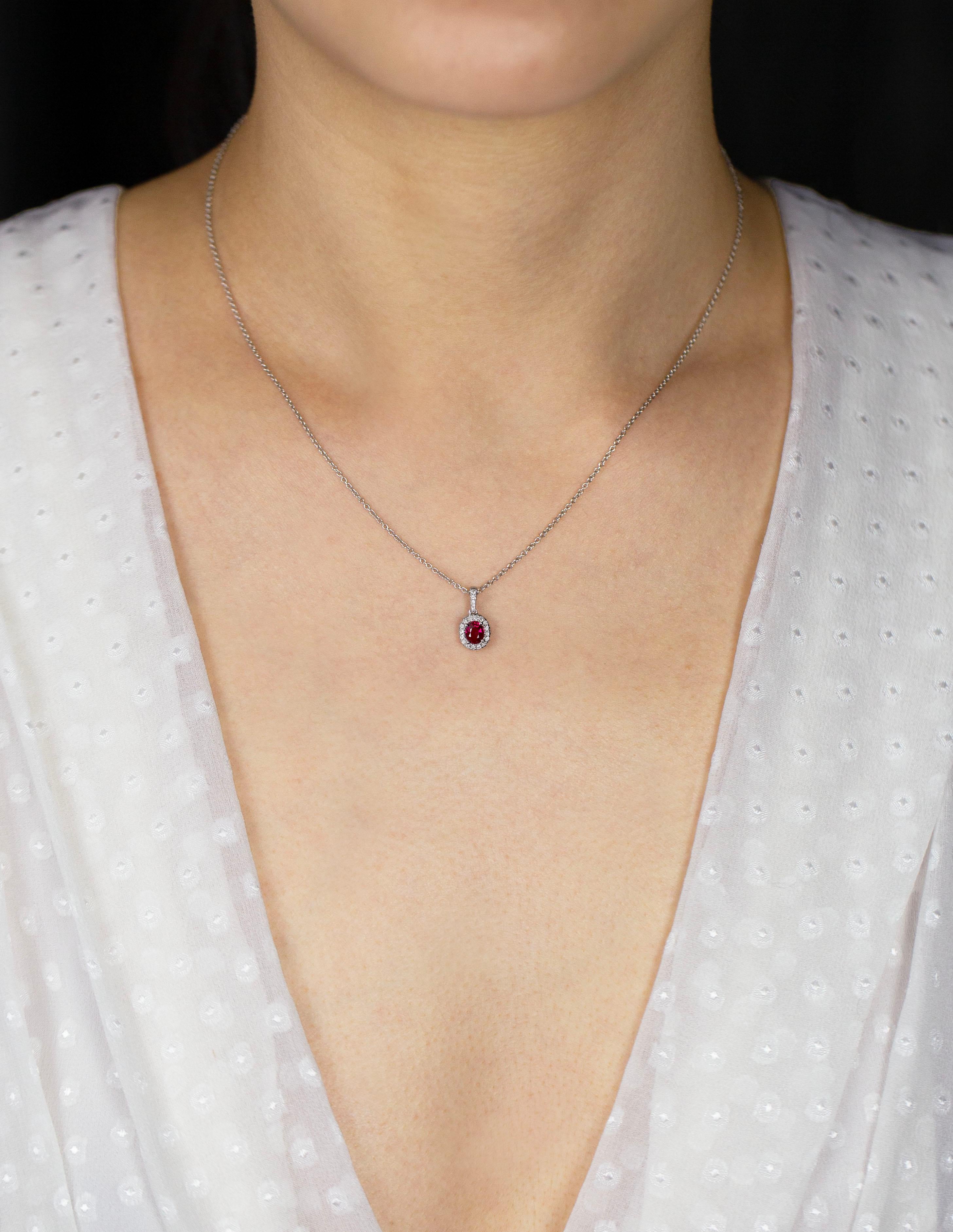 Roman Malakov 0.38 Carat Oval Cut Ruby and Diamond Halo Pendant Necklace In New Condition In New York, NY
