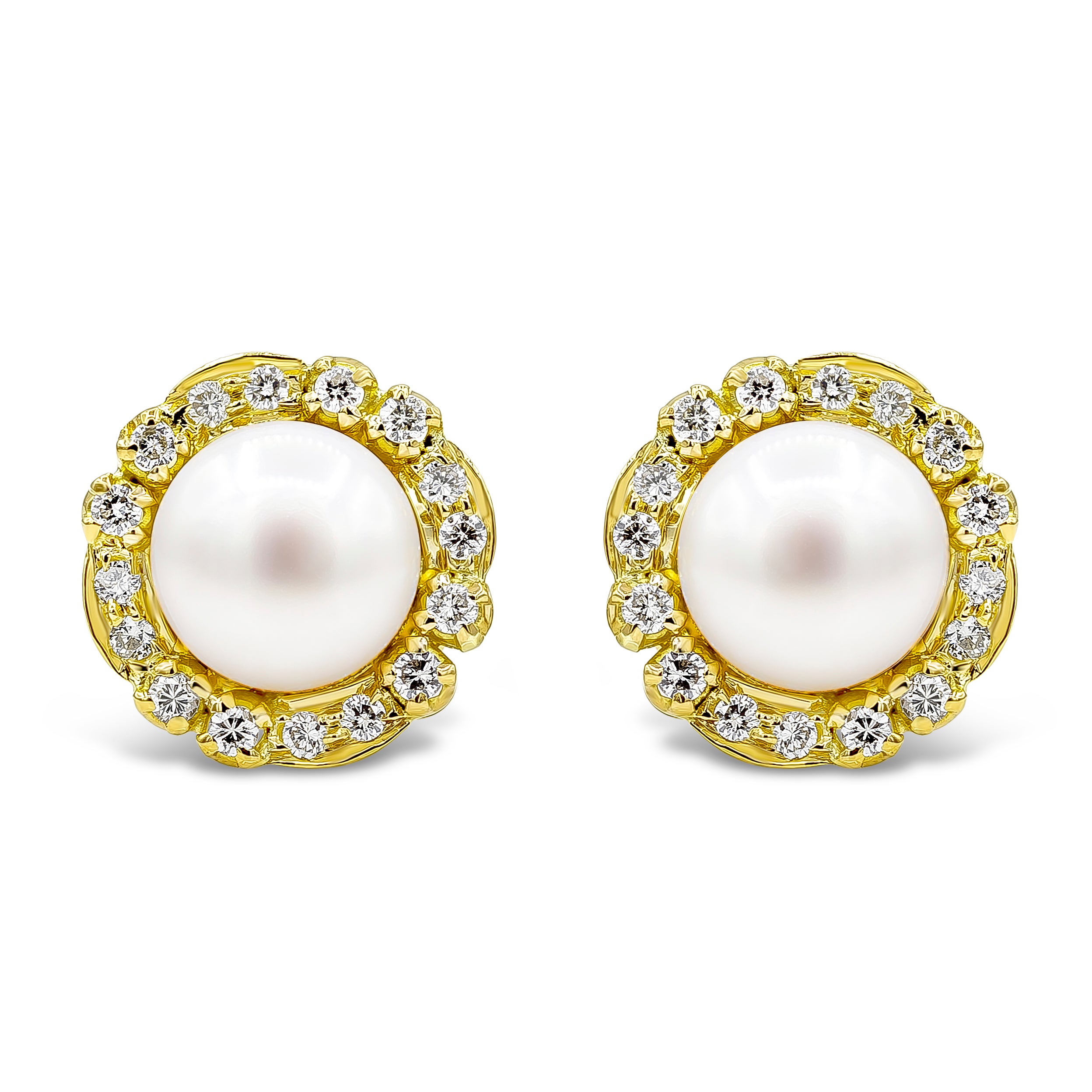 13.25mm Button Pearls with Brilliant Round Diamonds Halo Design Stud Earrings For Sale