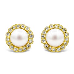  13.25mm Button Pearls with Brilliant Round Diamonds Halo Design Stud Earrings