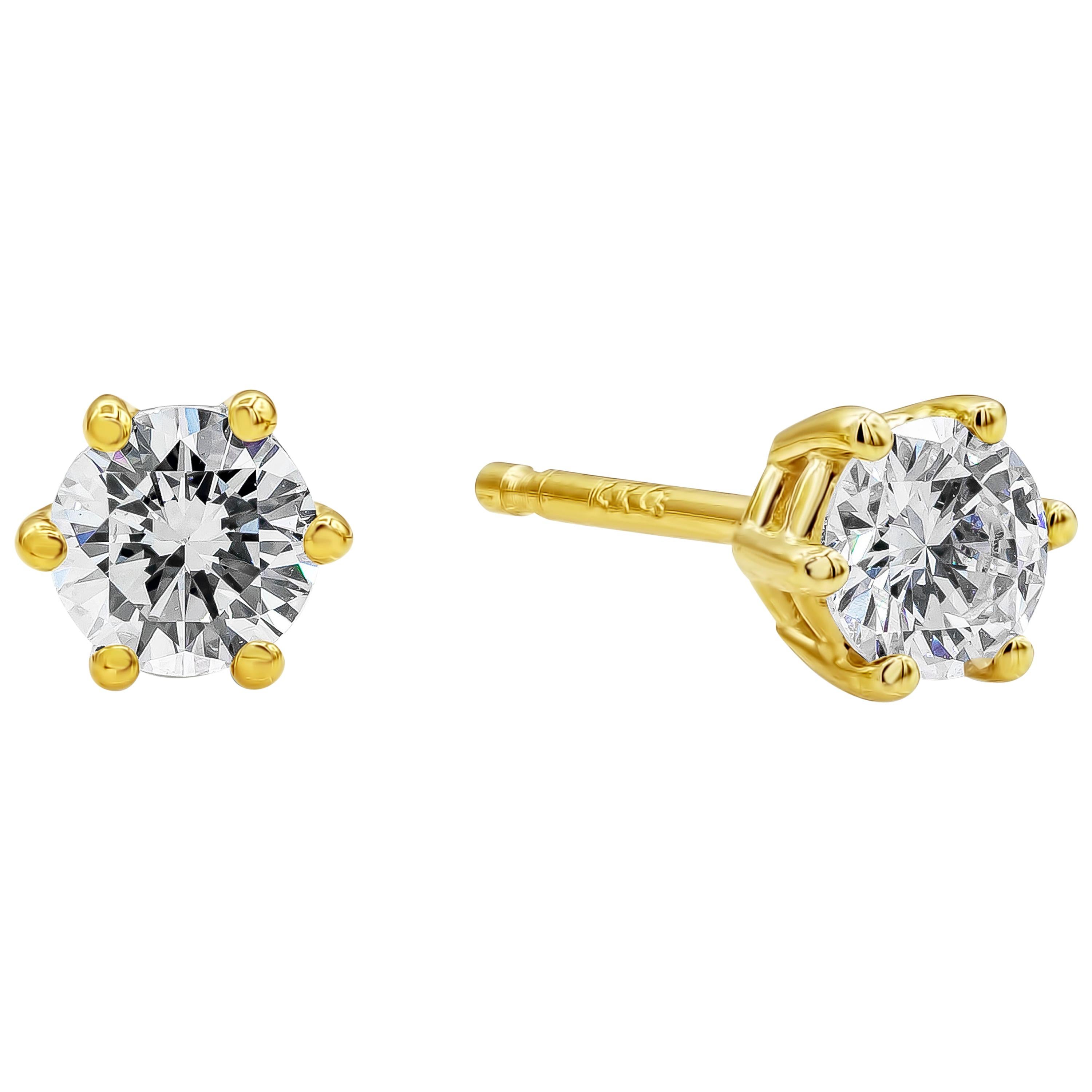 A timeless stud earring design to compliment any style. Showcasing 2 round brilliant diamonds weighing 0.39 carats, set in a 6 prong 14 karat yellow gold. H-I color VS clarity

Style available in different price ranges. Prices are based on your
