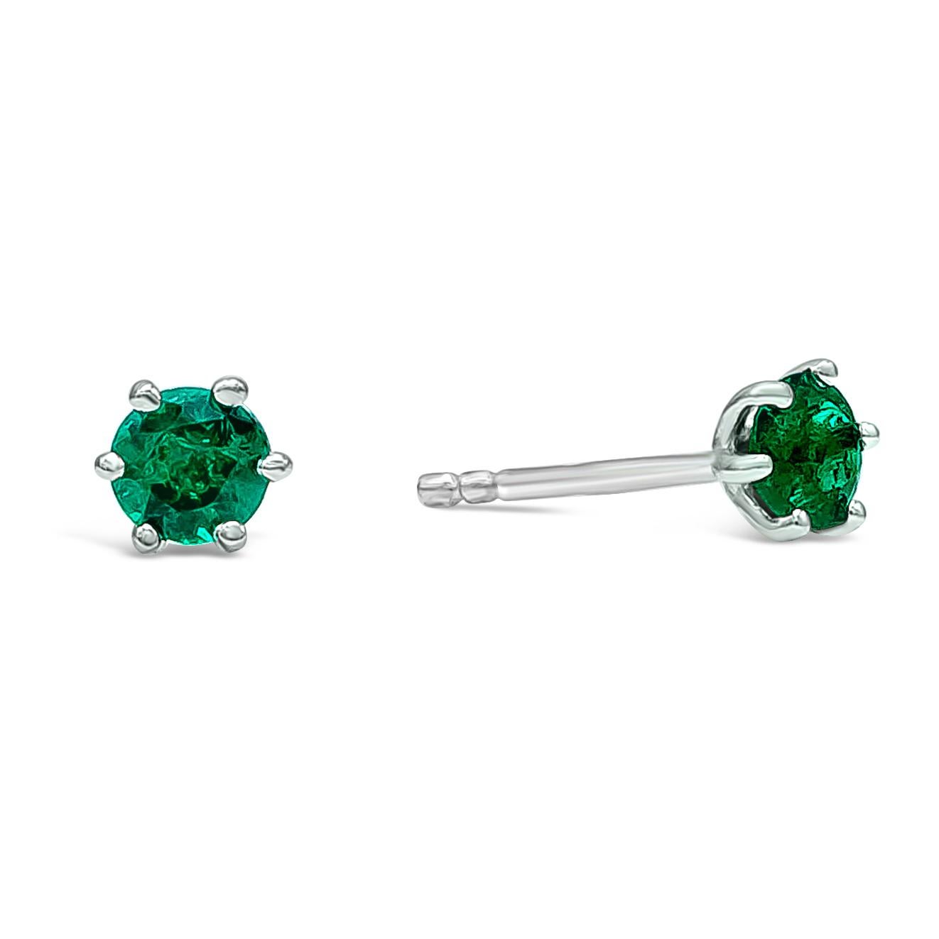 ﻿A timeless stud earrings design showcasing 0.40 carat total round green emeralds, Set in a classic six-prong setting. Made with 18K White Gold.

Style available in different price ranges. Prices are based on your selection. Please contact us for
