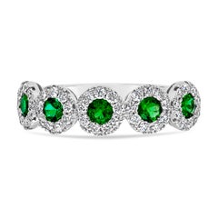 Roman Malakov 0.40 Carat Total Round Cut Green Emerald & Halo Diamond Band Ring