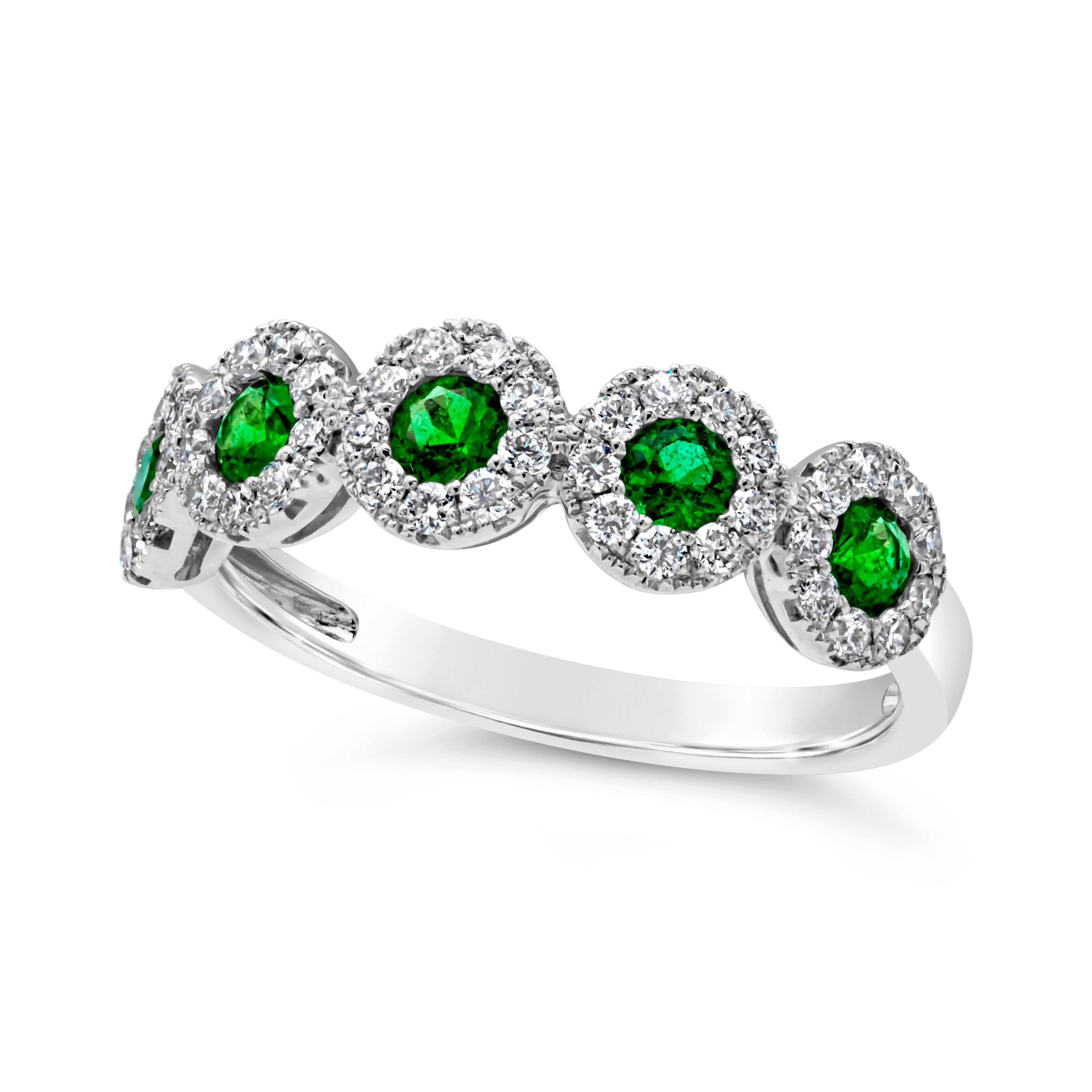 Contemporary Roman Malakov 0.40 Carat Total Round Cut Green Emerald & Halo Diamond Band Ring For Sale
