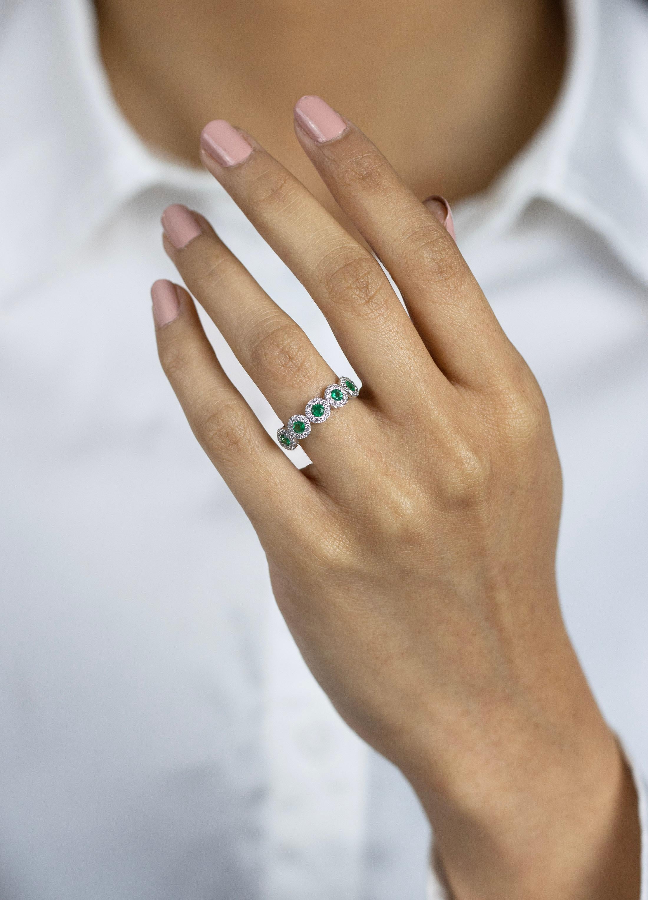 Roman Malakov 0.40 Carat Total Round Cut Green Emerald & Halo Diamond Band Ring For Sale 1