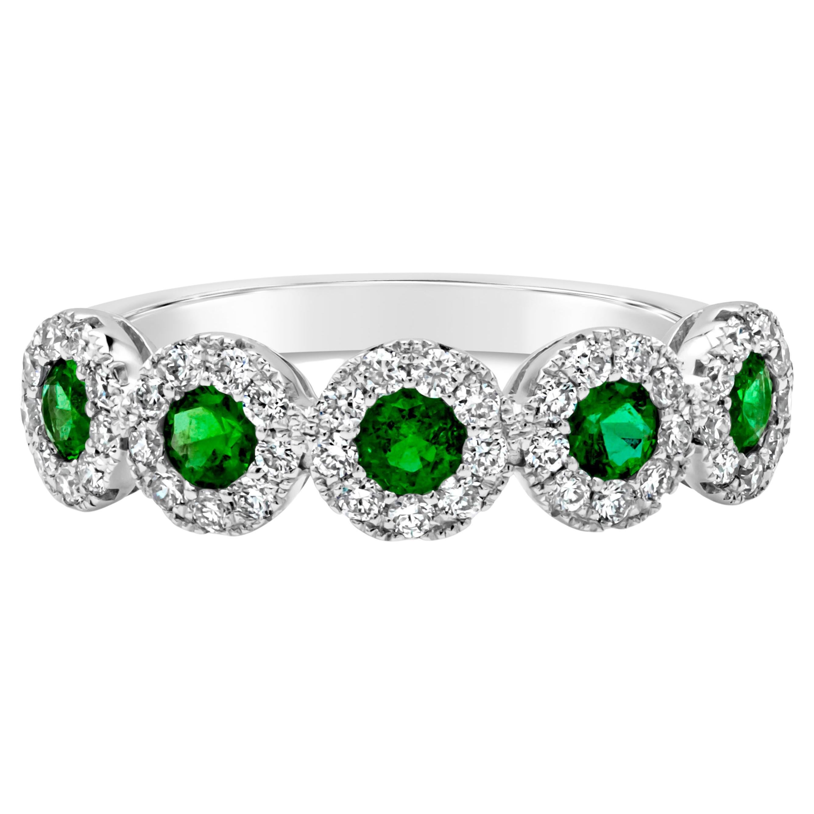 Roman Malakov 0.40 Carat Total Round Cut Green Emerald & Halo Diamond Band Ring For Sale