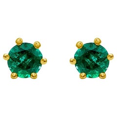 Roman Malakov 0.41 Carat Total Round Green Emerald Stud Earrings in Yellow Gold
