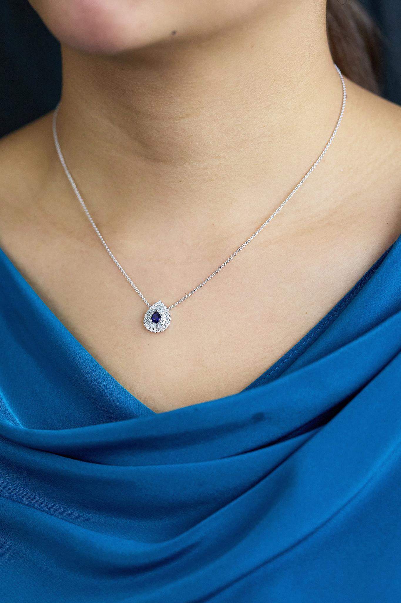 Women's Roman Malakov 0.42 Carat Pear Shape Sapphire & Diamond Double Halo Necklace For Sale