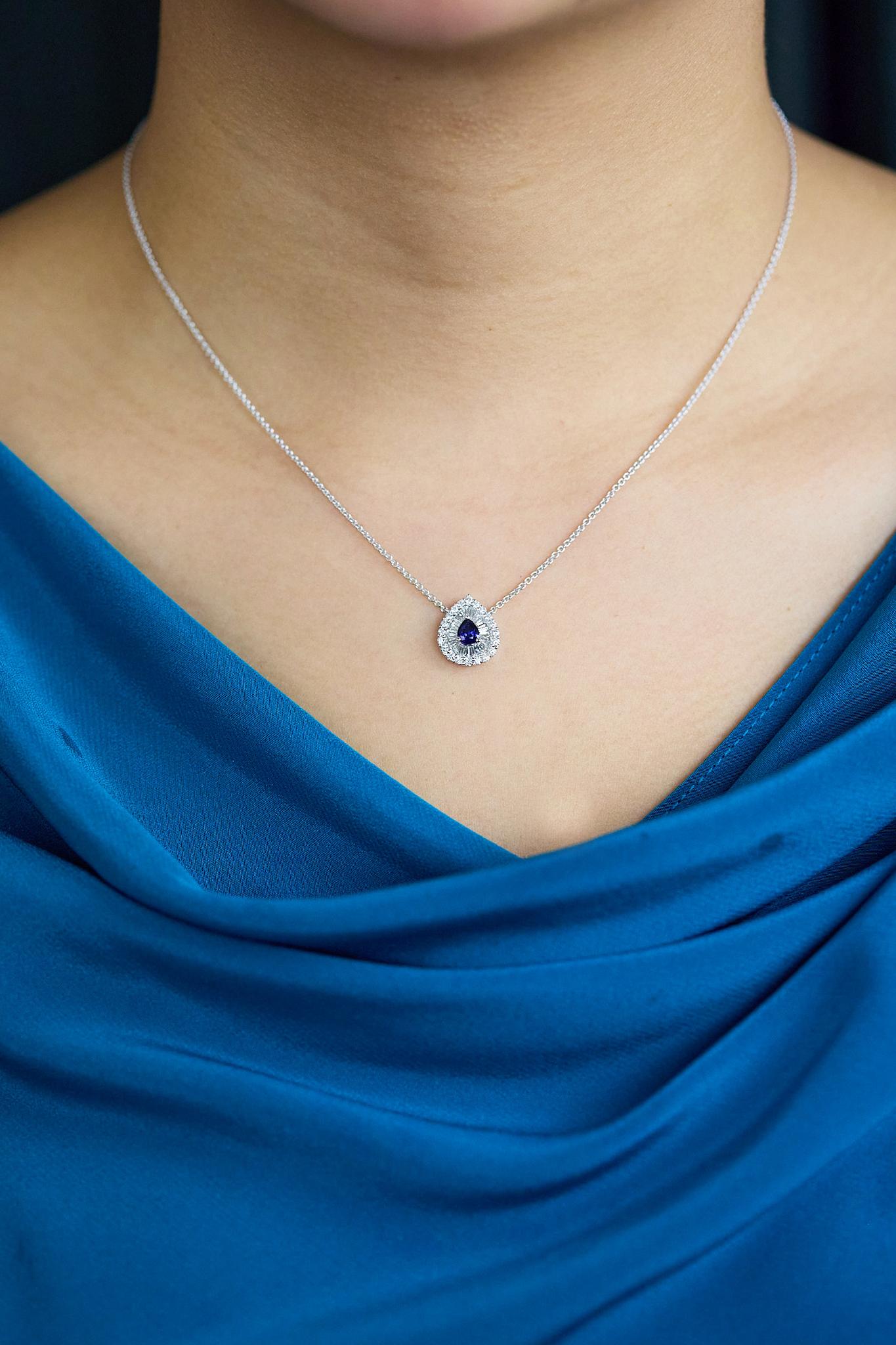 Roman Malakov 0.42 Carat Pear Shape Sapphire & Diamond Double Halo Necklace For Sale 1