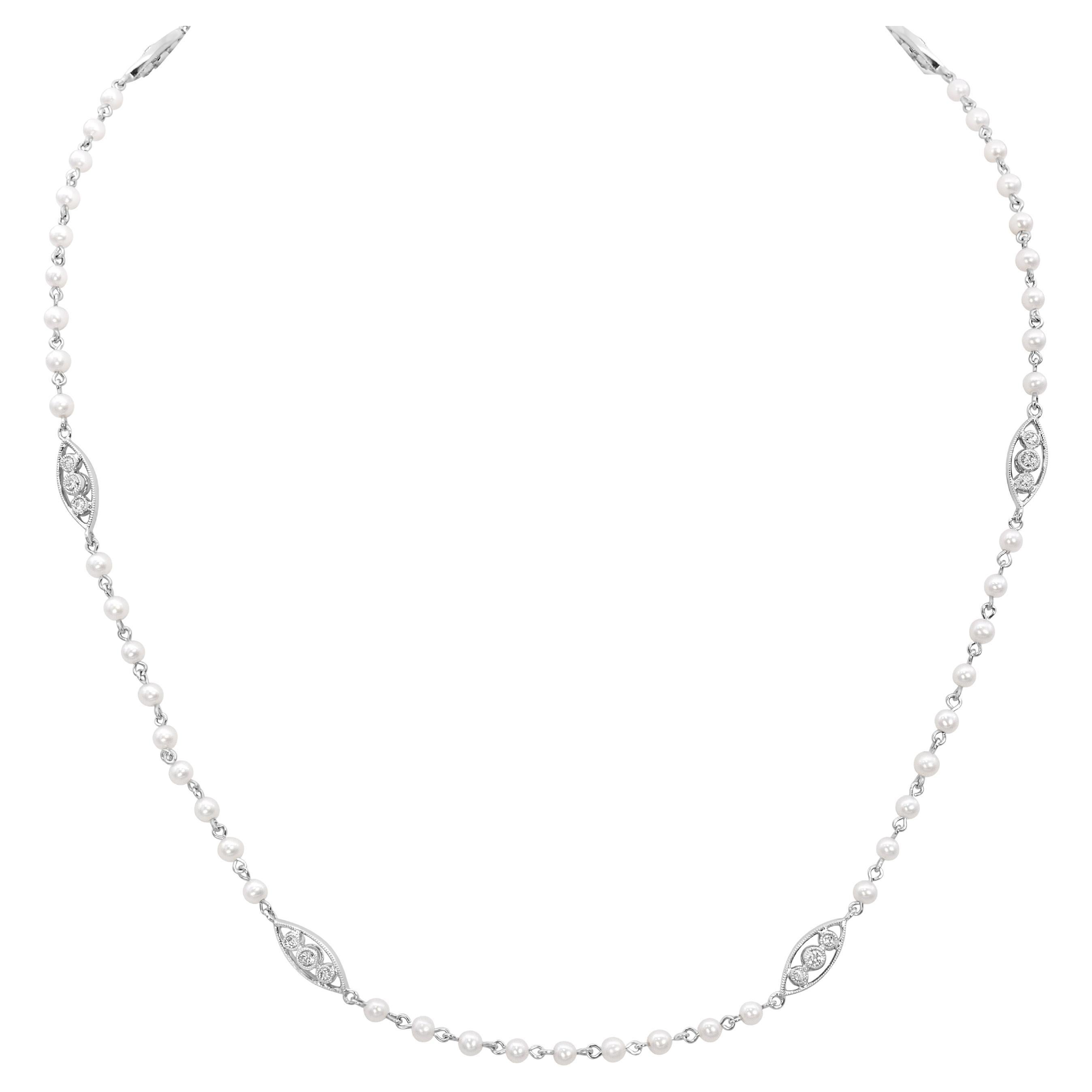 Roman Malakov 0.42 Carat Total Round Cut Diamond & Pearl Necklace in White Gold
