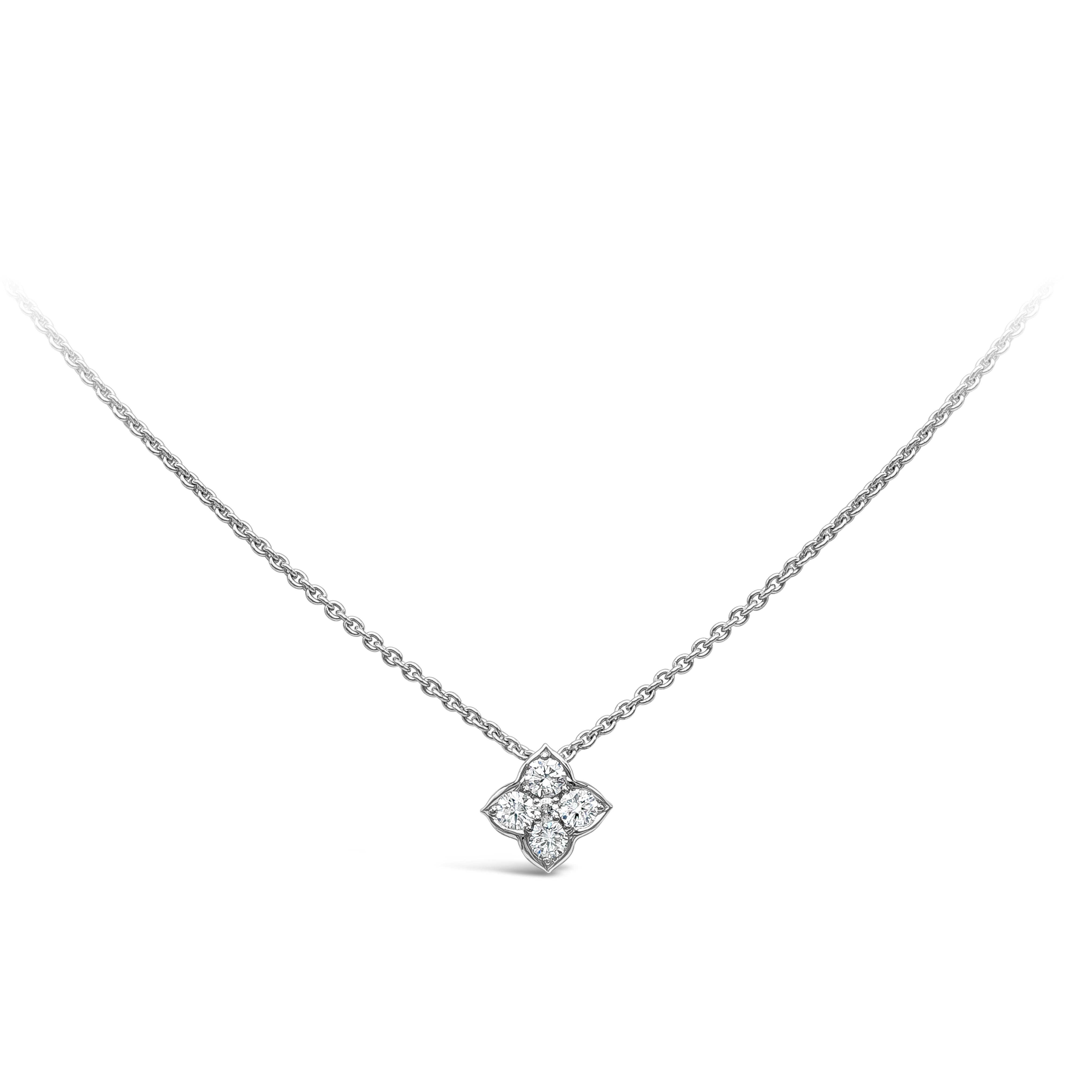A simple yet beautiful pendant necklace showcasing four round brilliant diamonds set in a flower designed setting. Diamonds weigh 0.47 carats total. Made in 18k white gold. Suspended on an 18 inch white gold chain.

Roman Malakov is a custom house,