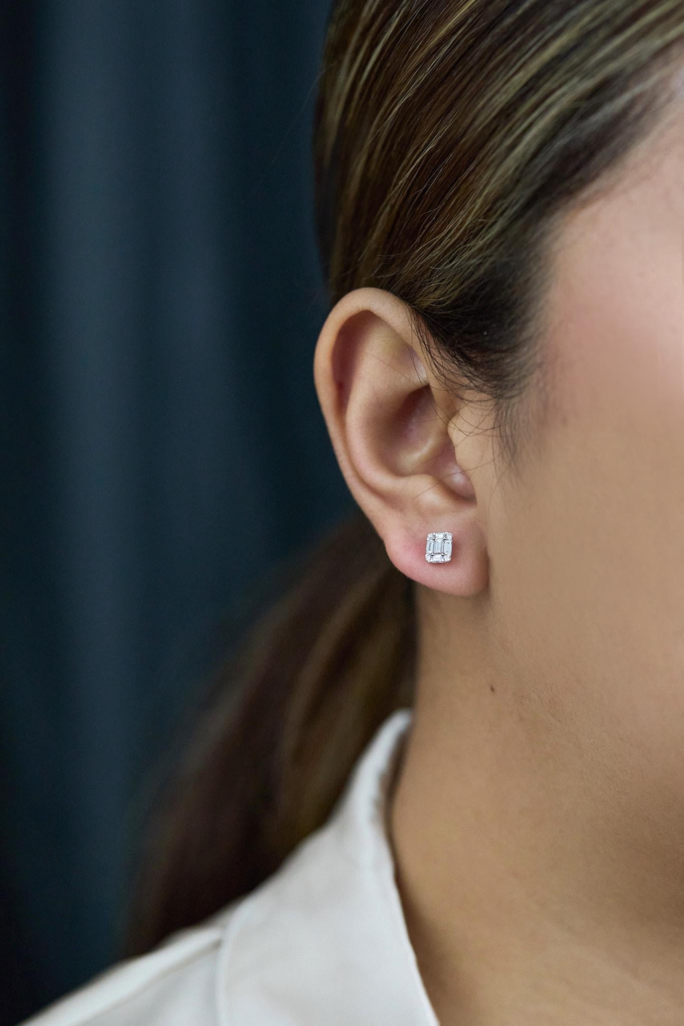 Roman Malakov Pendientes de diamantes de 0,49 quilates, talla baguette y redonda, ilusión Corte mixto en venta