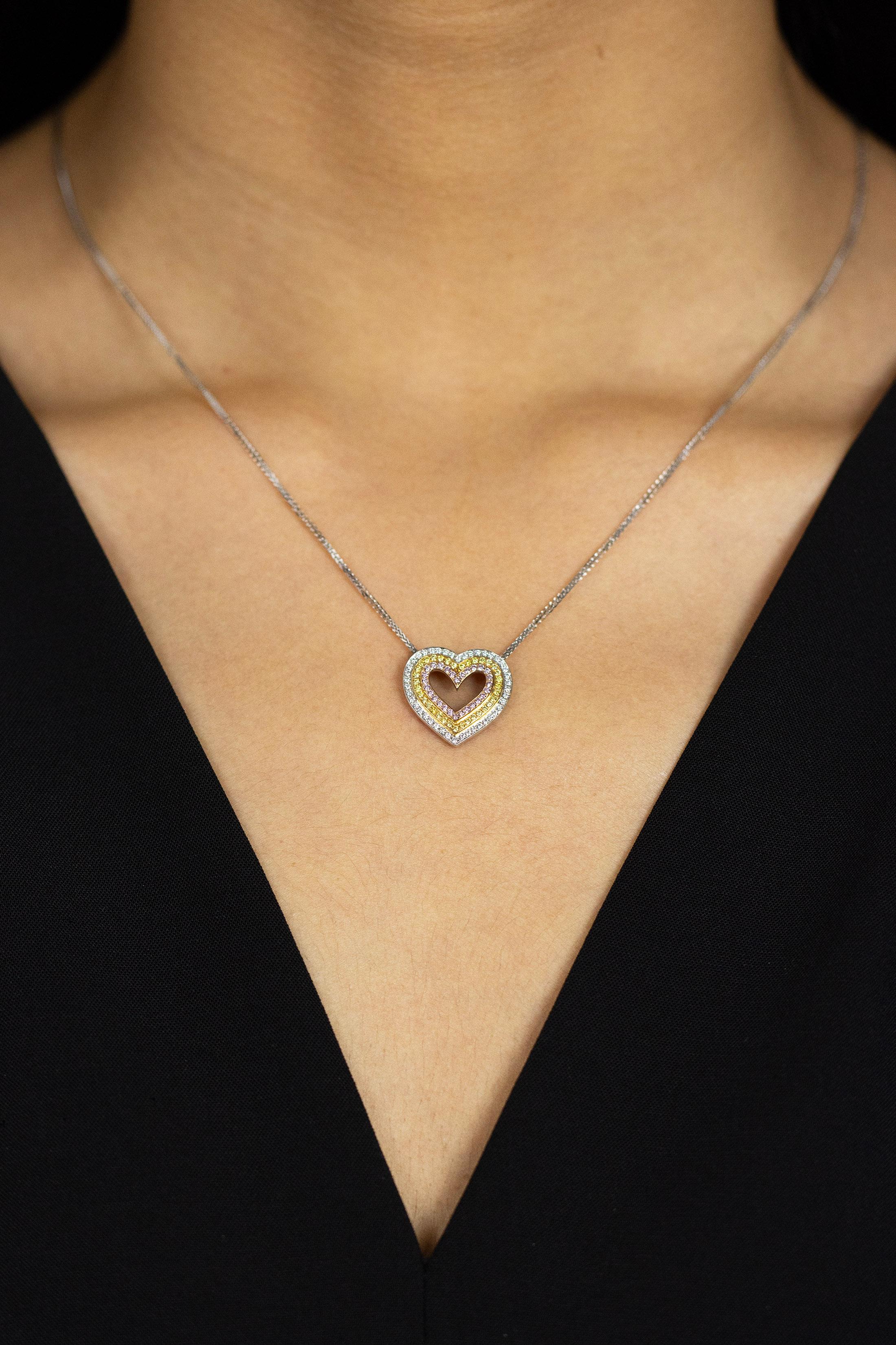 Contemporary Roman Malakov 0.49 Carats Multi-Color Diamond Open-Work Heart Pendant Necklace For Sale