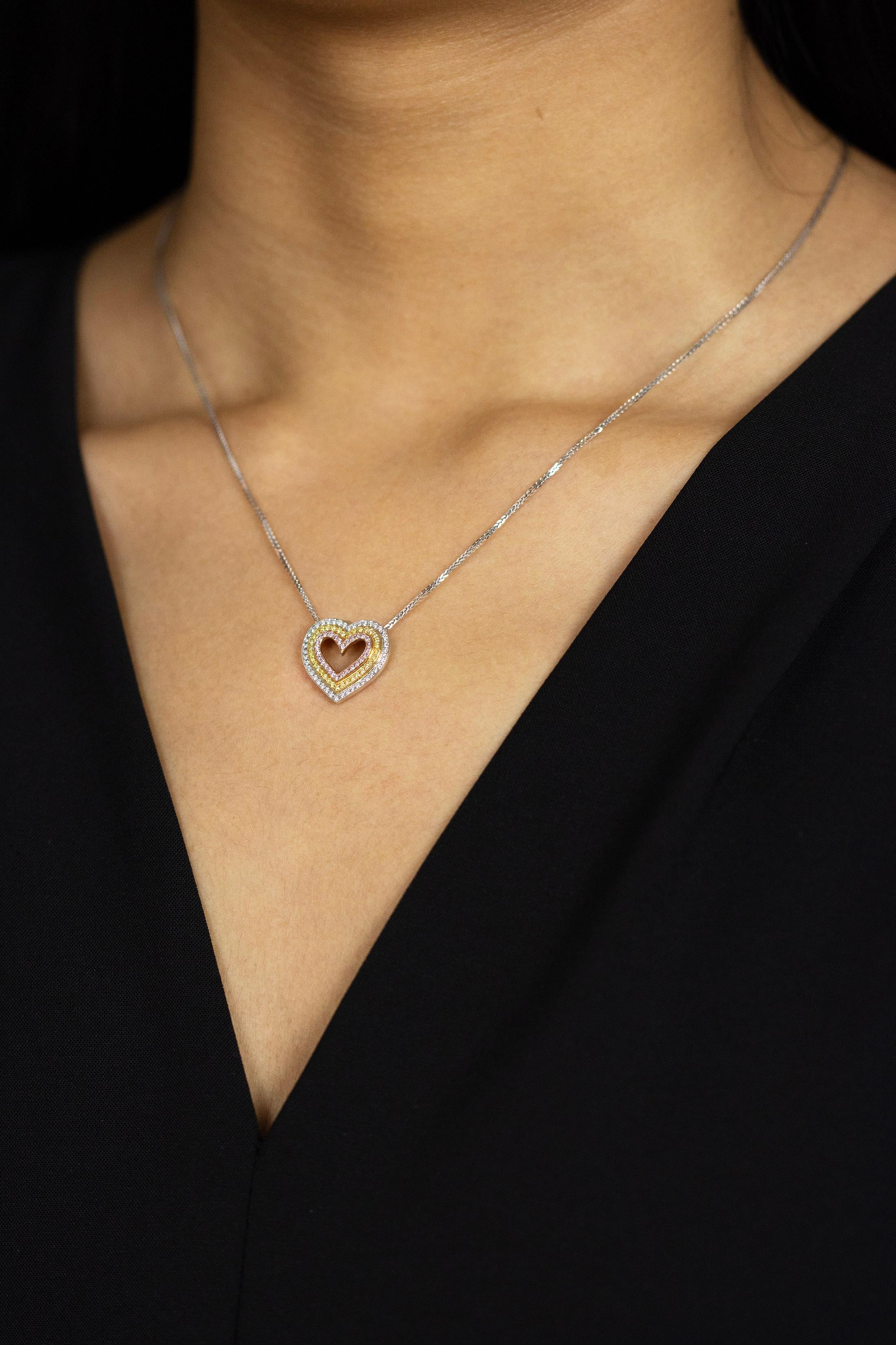 Round Cut Roman Malakov 0.49 Carats Multi-Color Diamond Open-Work Heart Pendant Necklace For Sale
