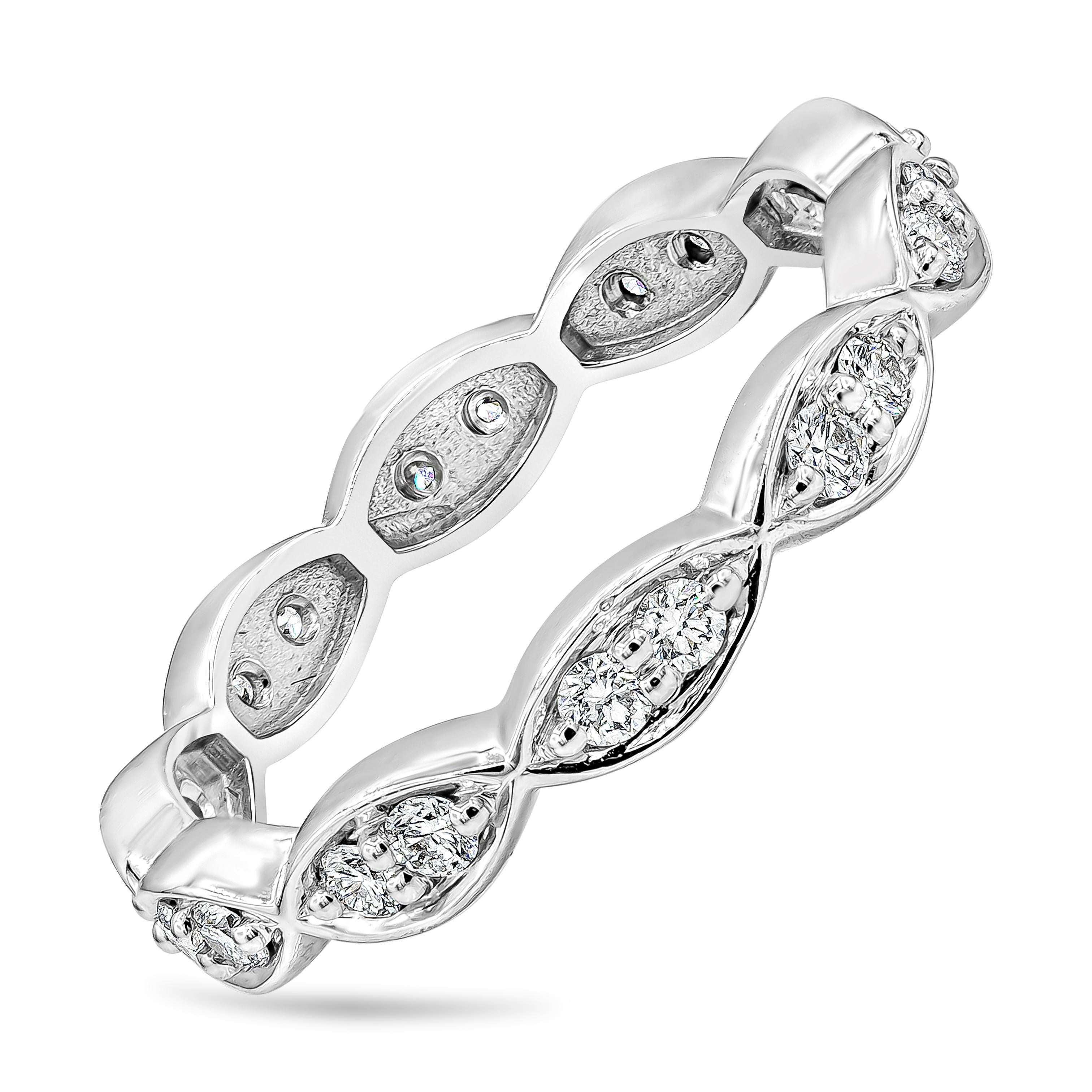 A unique yet stylish wedding band design showcasing dazzling round brilliant diamonds weighing 0.50 carats total. Set in a marquis-shaped design, Made with 14K White Gold. Size 7 US resizable upon request.

Style available in different sizes and