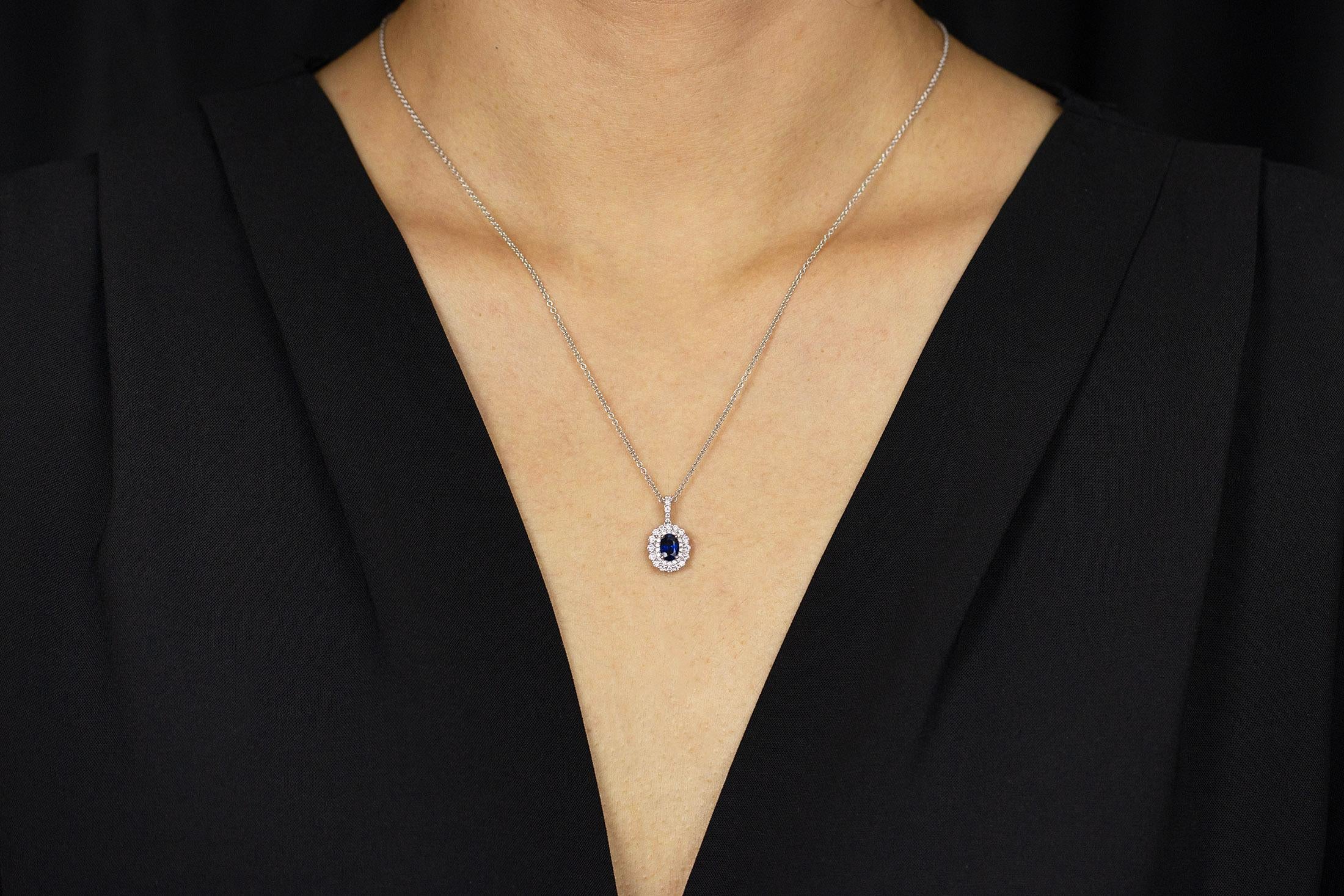 Contemporary Roman Malakov 0.52 Carat Oval Blue Sapphire and Diamond Halo Pendant Necklace
