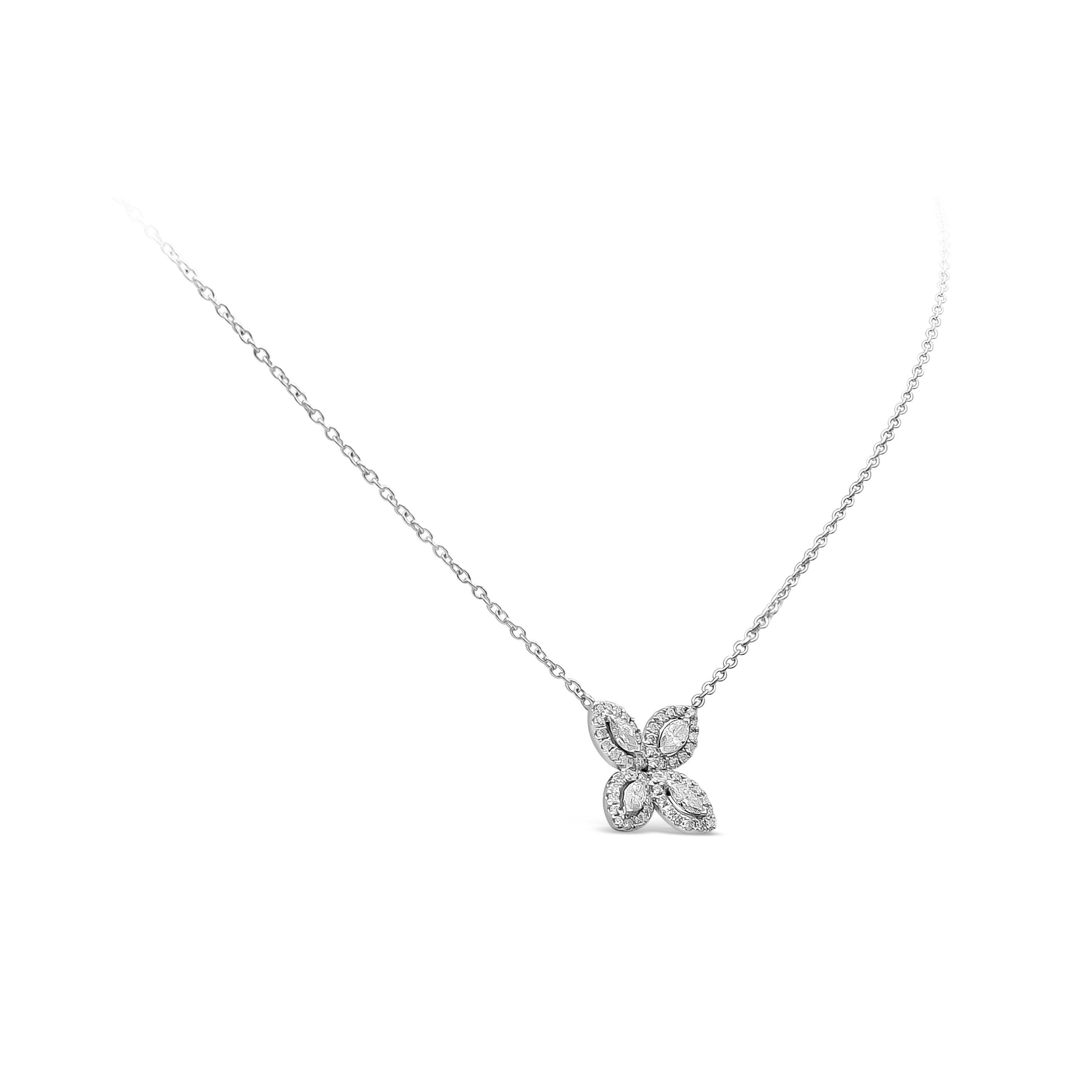 Contemporary Roman Malakov 0.30 Carat Marquise Cut Halo Diamond Pendant Flower Necklace For Sale