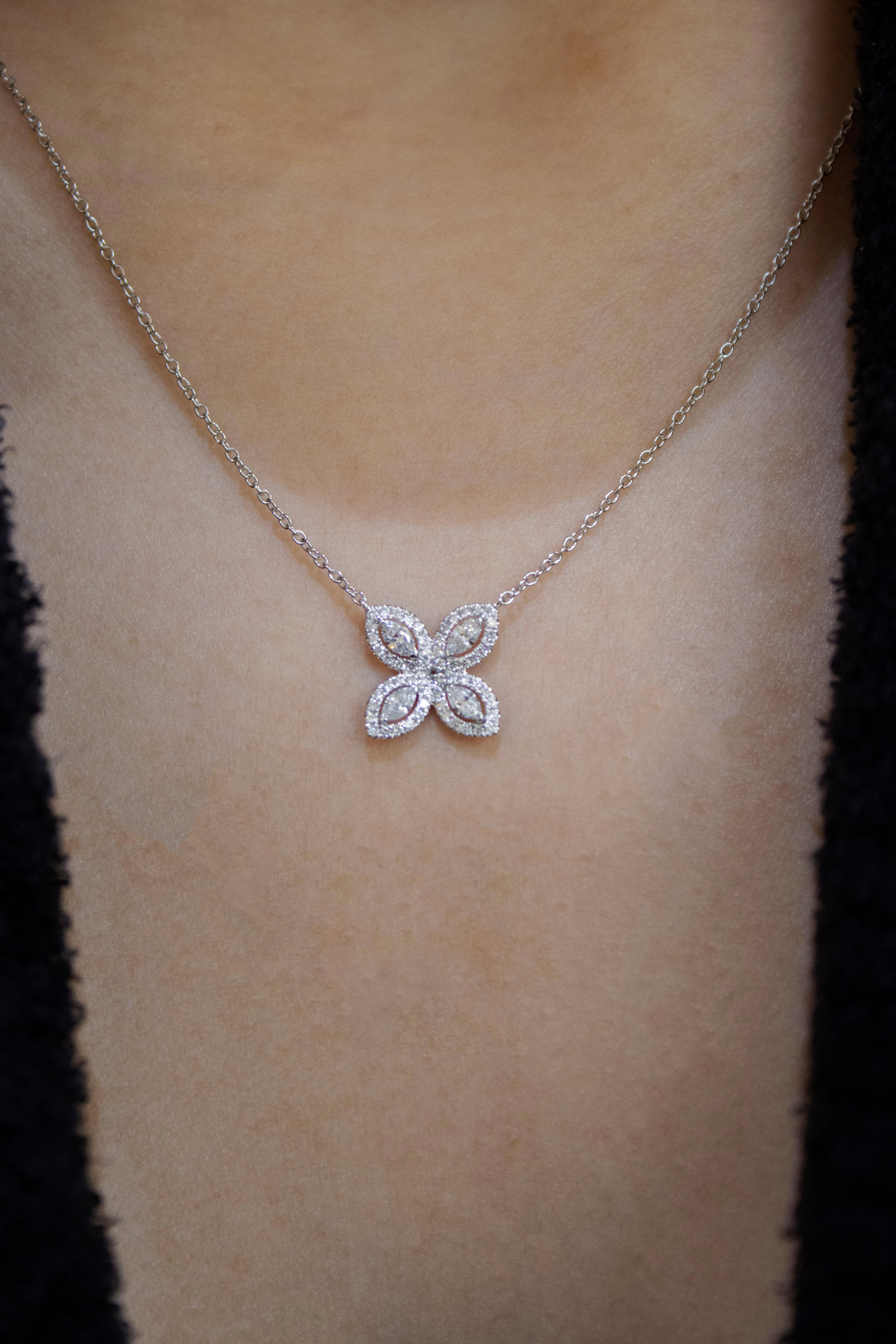 Women's or Men's Roman Malakov 0.30 Carat Marquise Cut Halo Diamond Pendant Flower Necklace For Sale