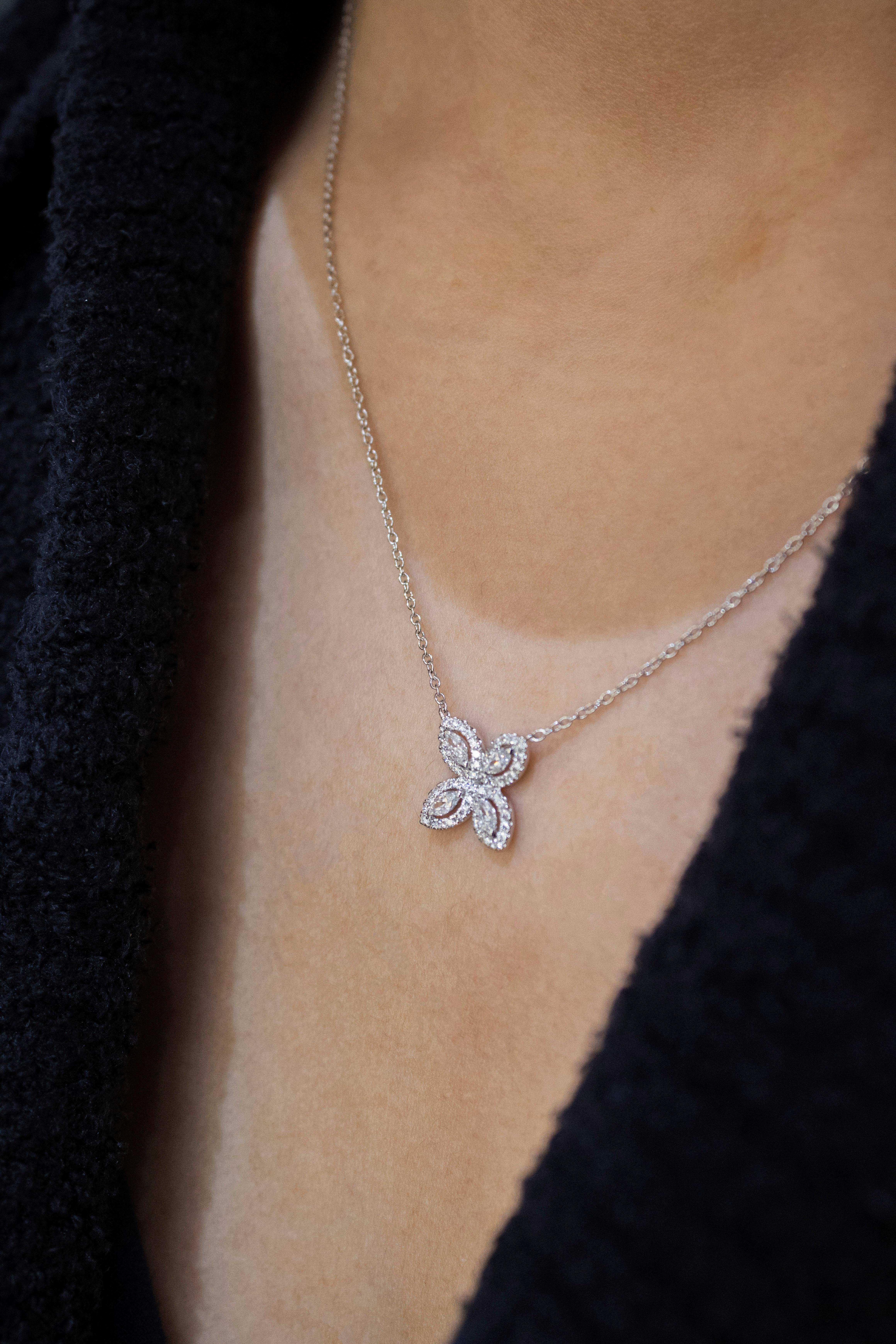 Roman Malakov 0.30 Carat Marquise Cut Halo Diamond Pendant Flower Necklace For Sale 1