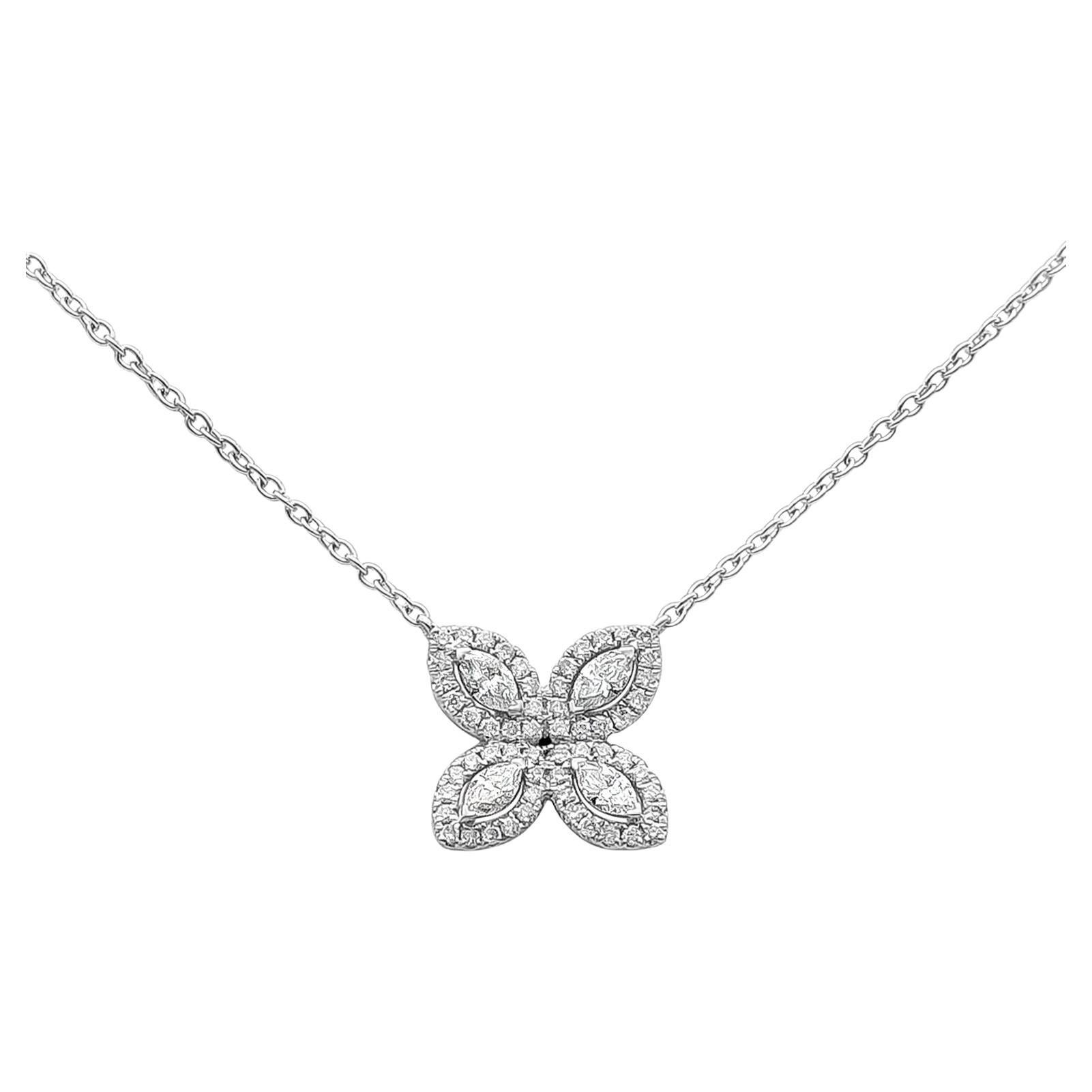 Roman Malakov 0.30 Carat Marquise Cut Halo Diamond Pendant Flower Necklace