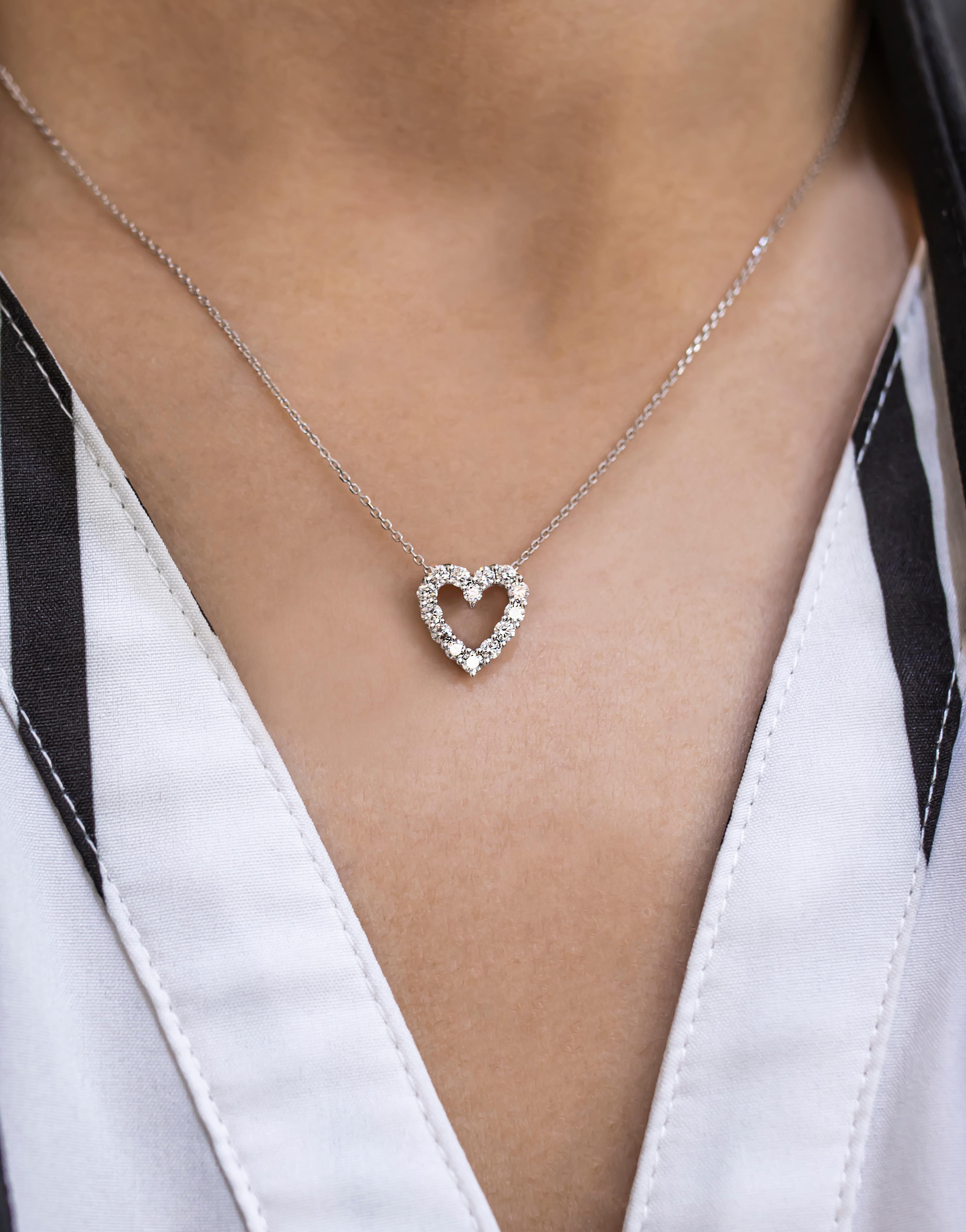 Round Cut Roman Malakov, 0.53 Carat Total Round Diamond Open-Work Heart Pendant Necklace For Sale