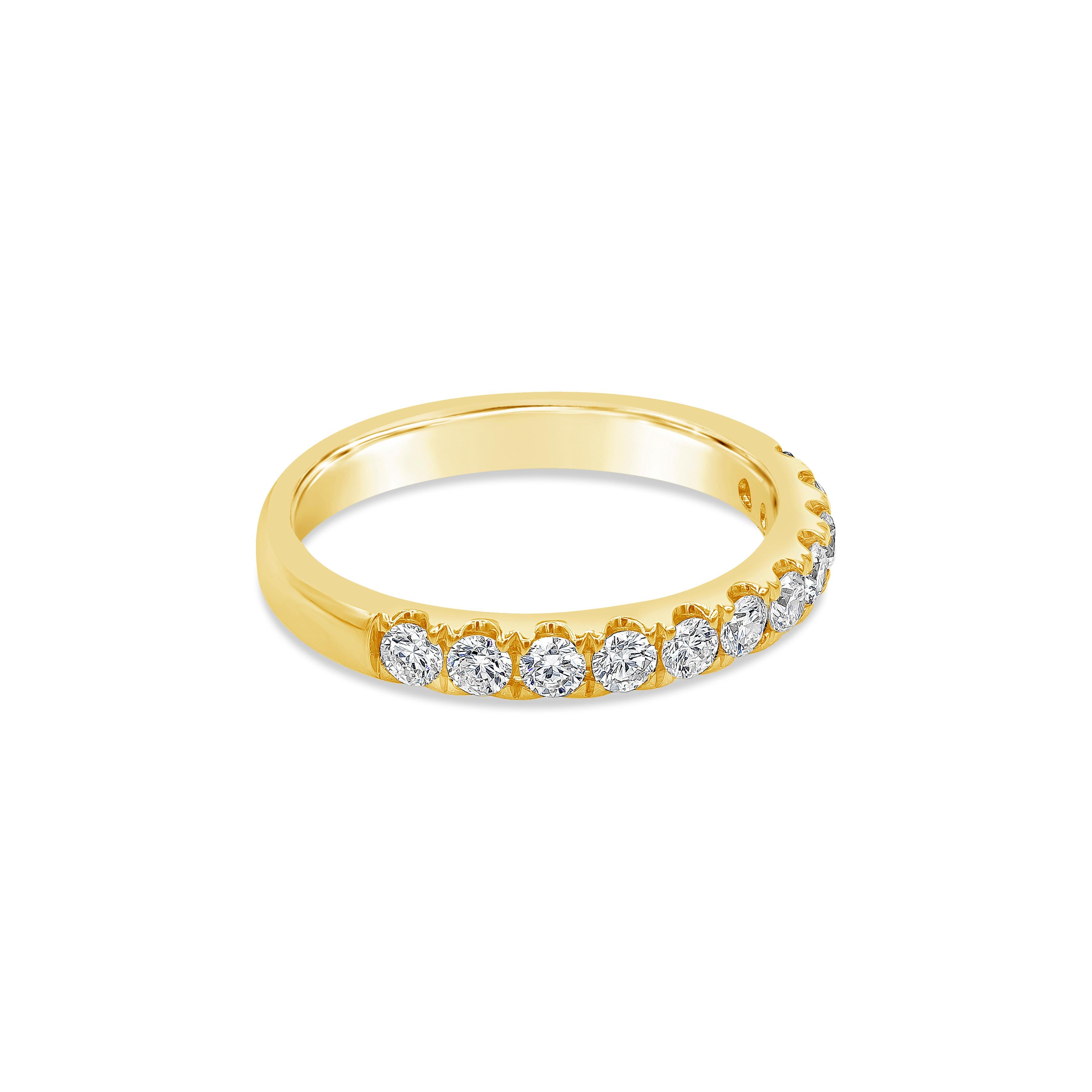 A classic eternity band style showcasing a row of round brilliant diamonds weighing 0.56 carats. Mounted half-way in micro-pave setting, Made with 14K Yellow Gold. Size 6.5 US 

Style available in different price ranges. Prices are based on your