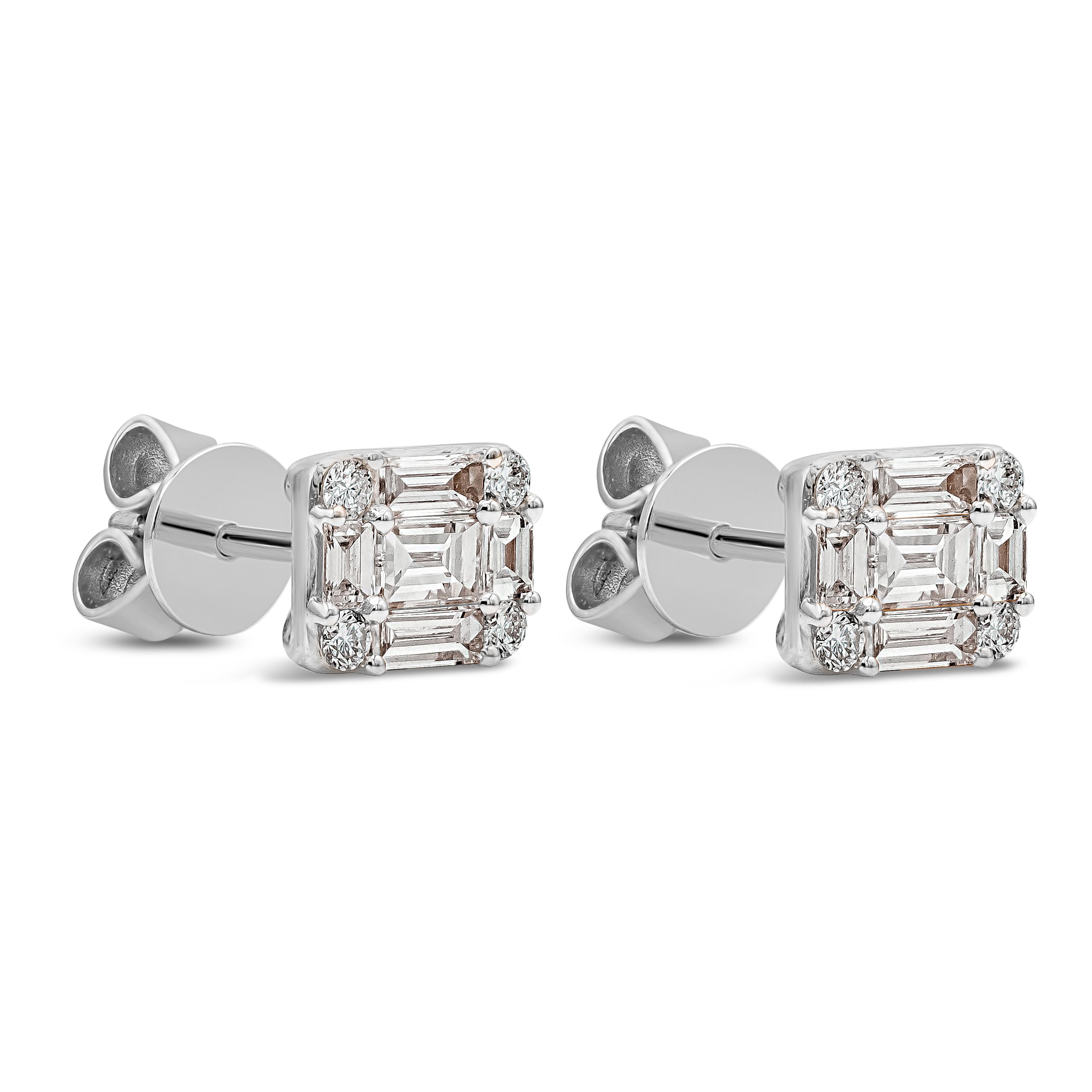 Contemporary Roman Malakov 0.57 Carats Total Baguette and Round Cut Diamond Stud Earrings