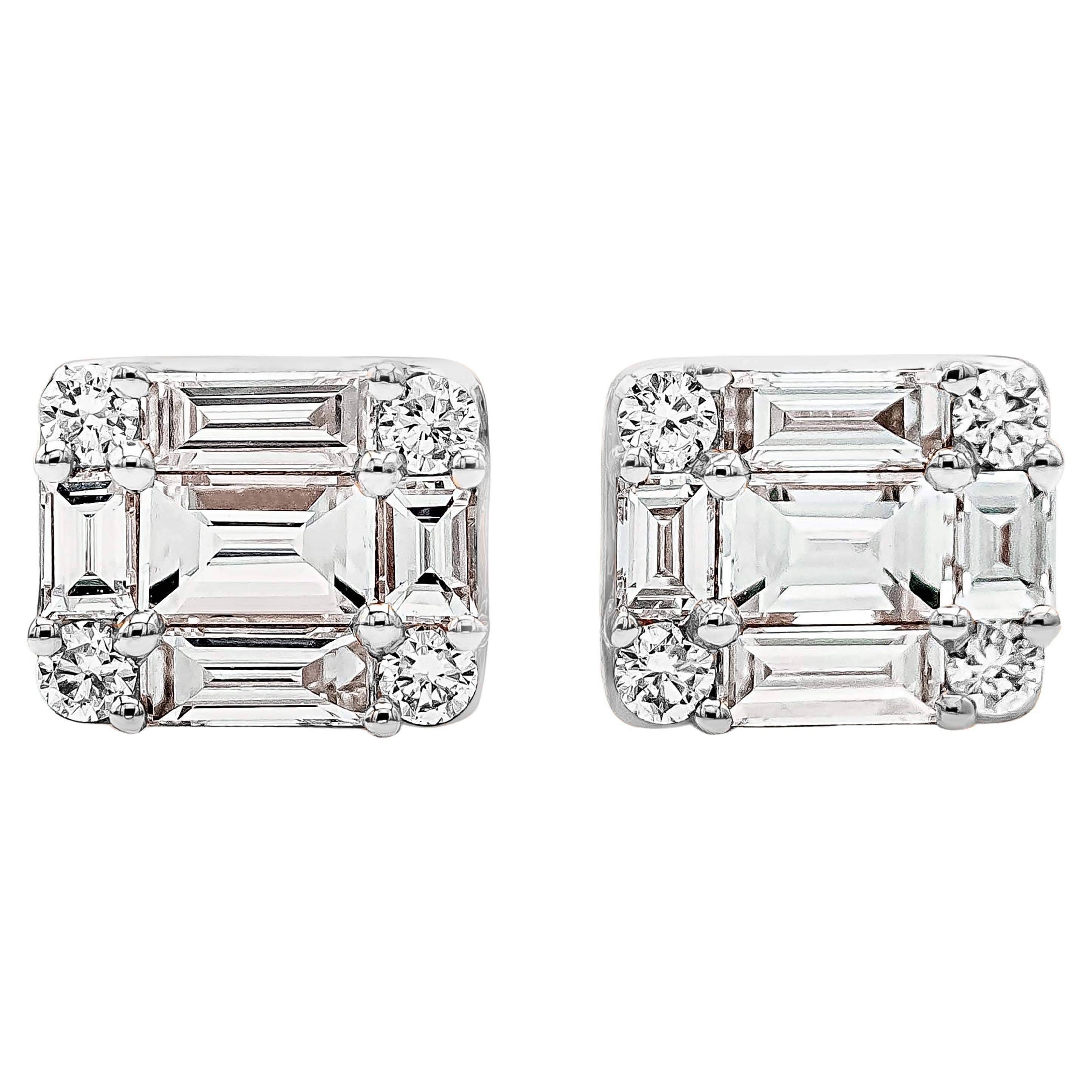 Roman Malakov 0.57 Carats Total Baguette and Round Cut Diamond Stud Earrings