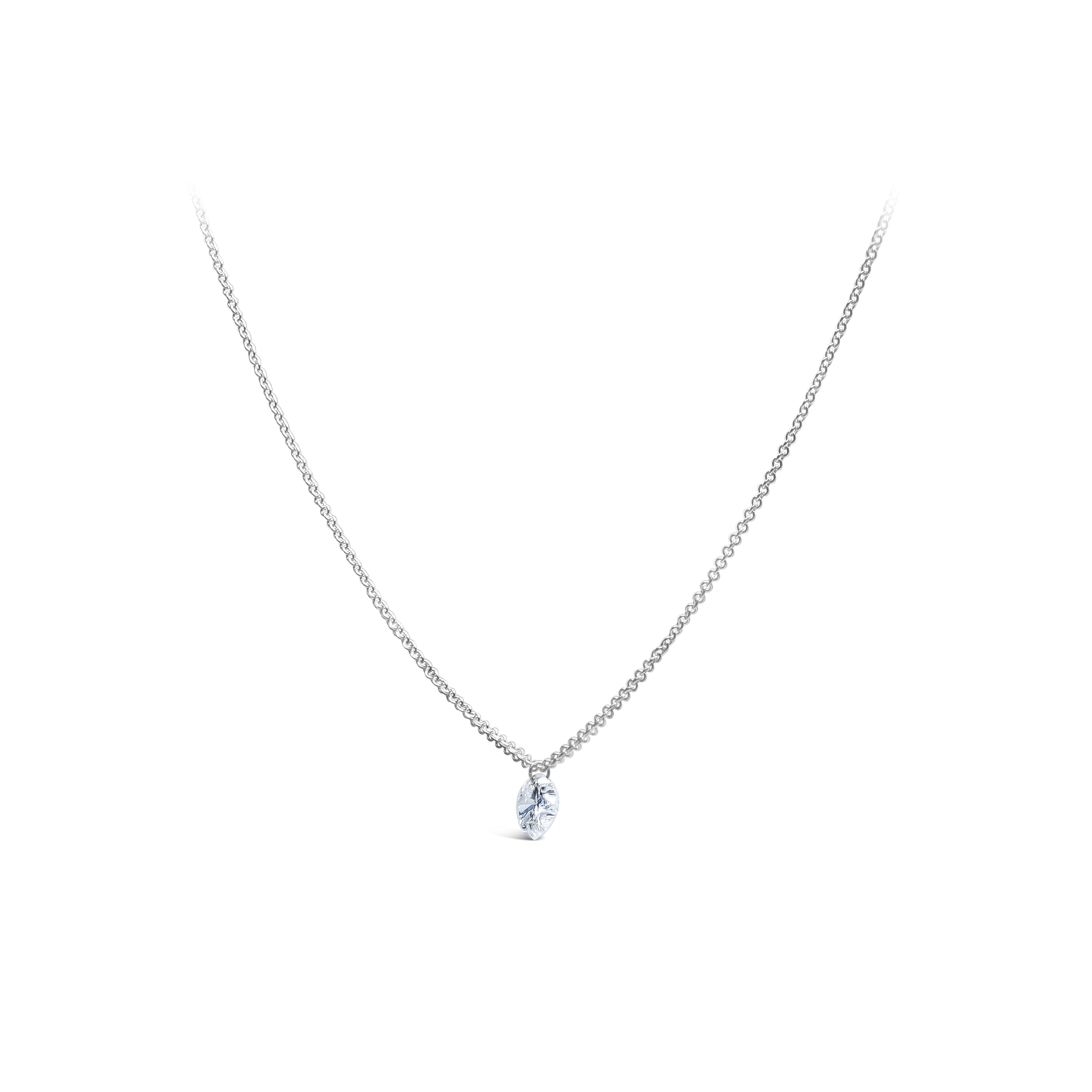 This unique and simple floating solitaire pendant necklace featuring 0.58 carat, 8 sided star shape diamonds, D color and SI1 in clarity. Attached and drilled with 18K White Gold chain. 18 inches in length adjustable.

Style available in different