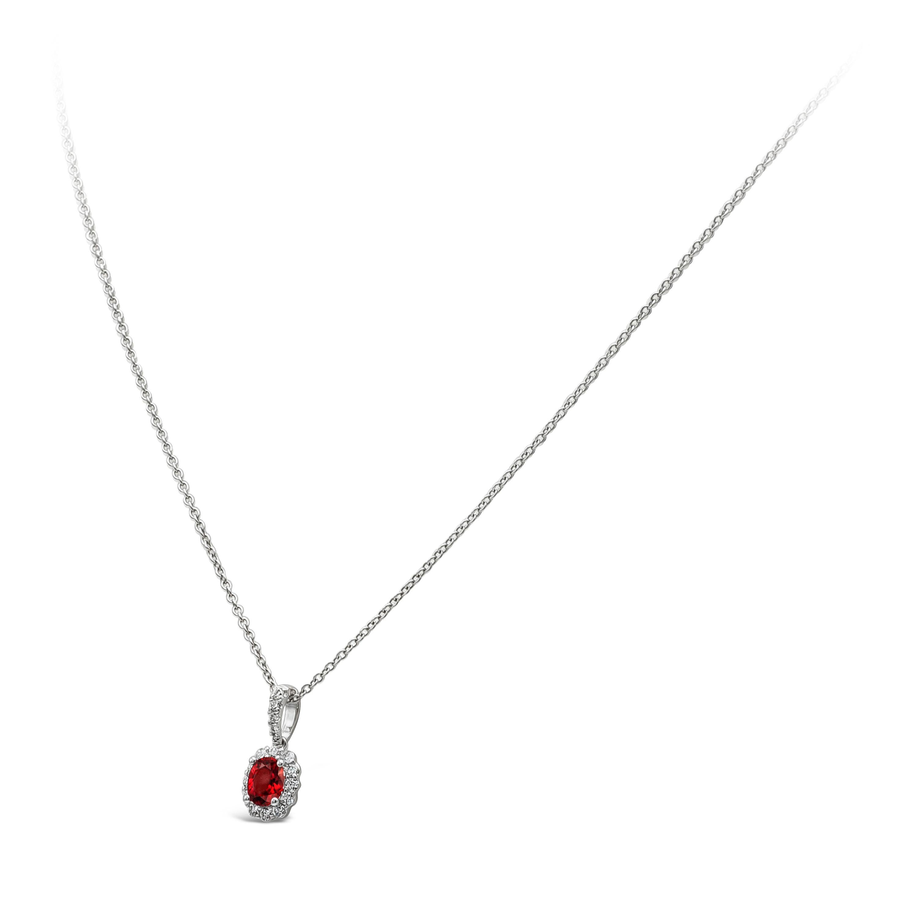 Contemporary Roman Malakov 0.59 Carat Total Oval Cut Ruby and Diamond Halo Pendant Necklace