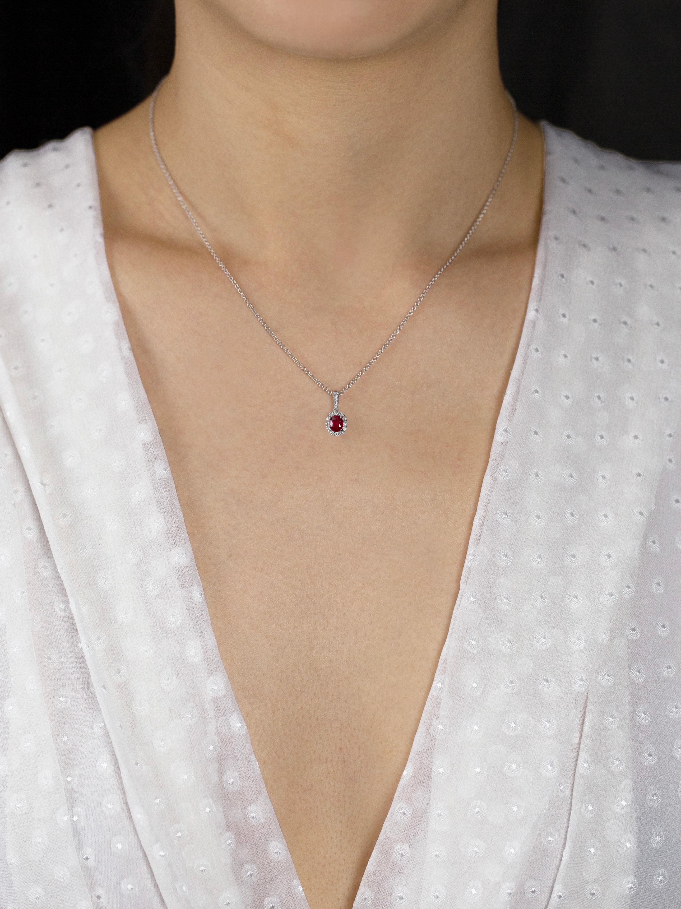 Roman Malakov 0.59 Carat Total Oval Cut Ruby and Diamond Halo Pendant Necklace In New Condition In New York, NY