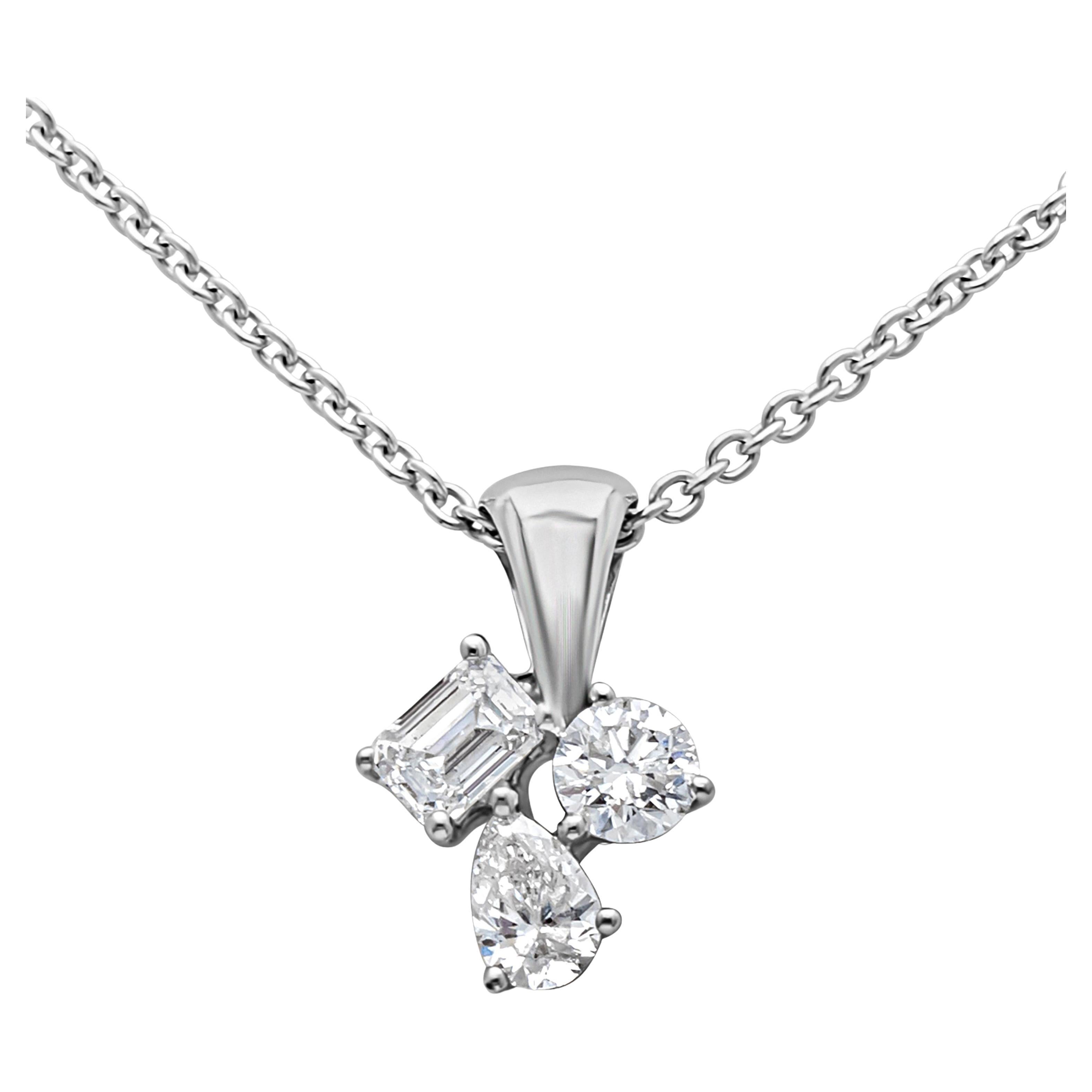 Roman Malakov 0.60 Carats Mixed-Cut Three-Stone Diamond Pendant Necklace For Sale
