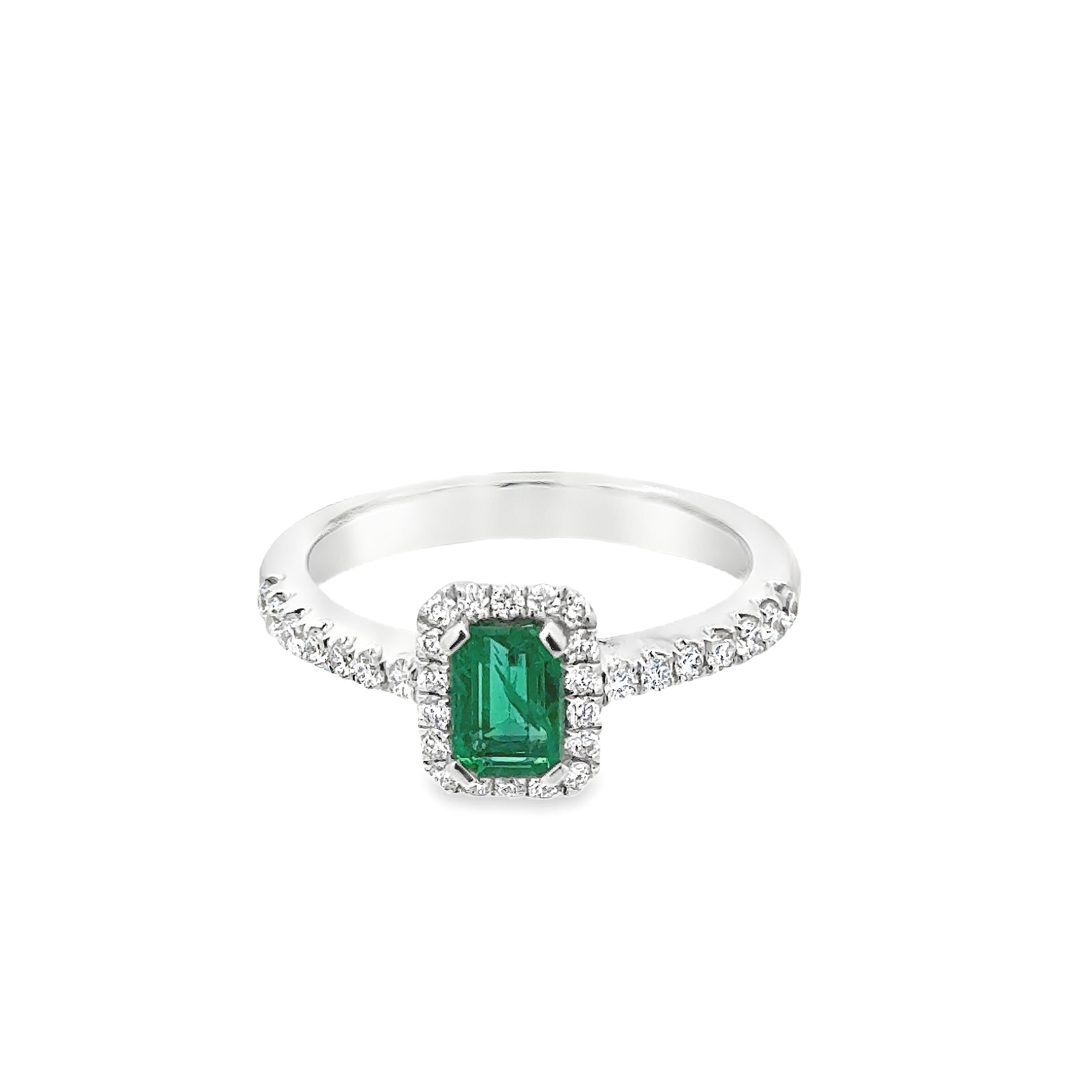 Contemporary Roman Malakov 0.61 Carat Emerald Cut Emerald & Diamond Halo Engagement Ring For Sale