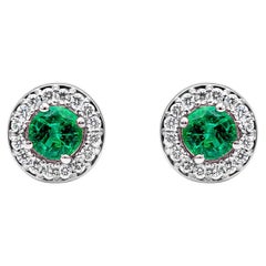 Roman Malakov 0.62 Carat Total Green Emerald and Diamond Halo Stud Earrings